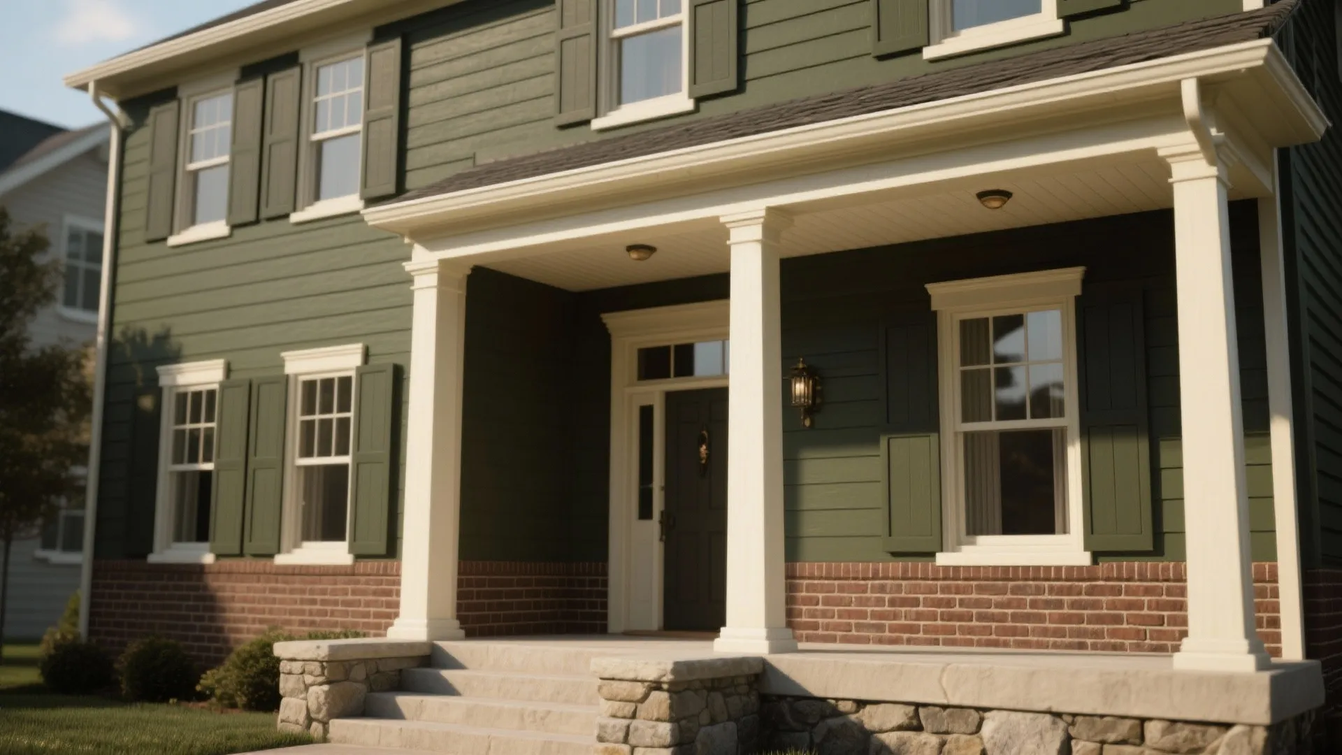 Classic brick house painted deep olive with bright porch ceiling and light window trim.