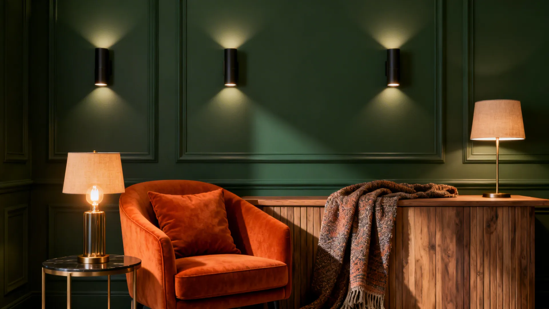 Snug living room with deep olive walls and a burnt orange armchair under layered lamps
