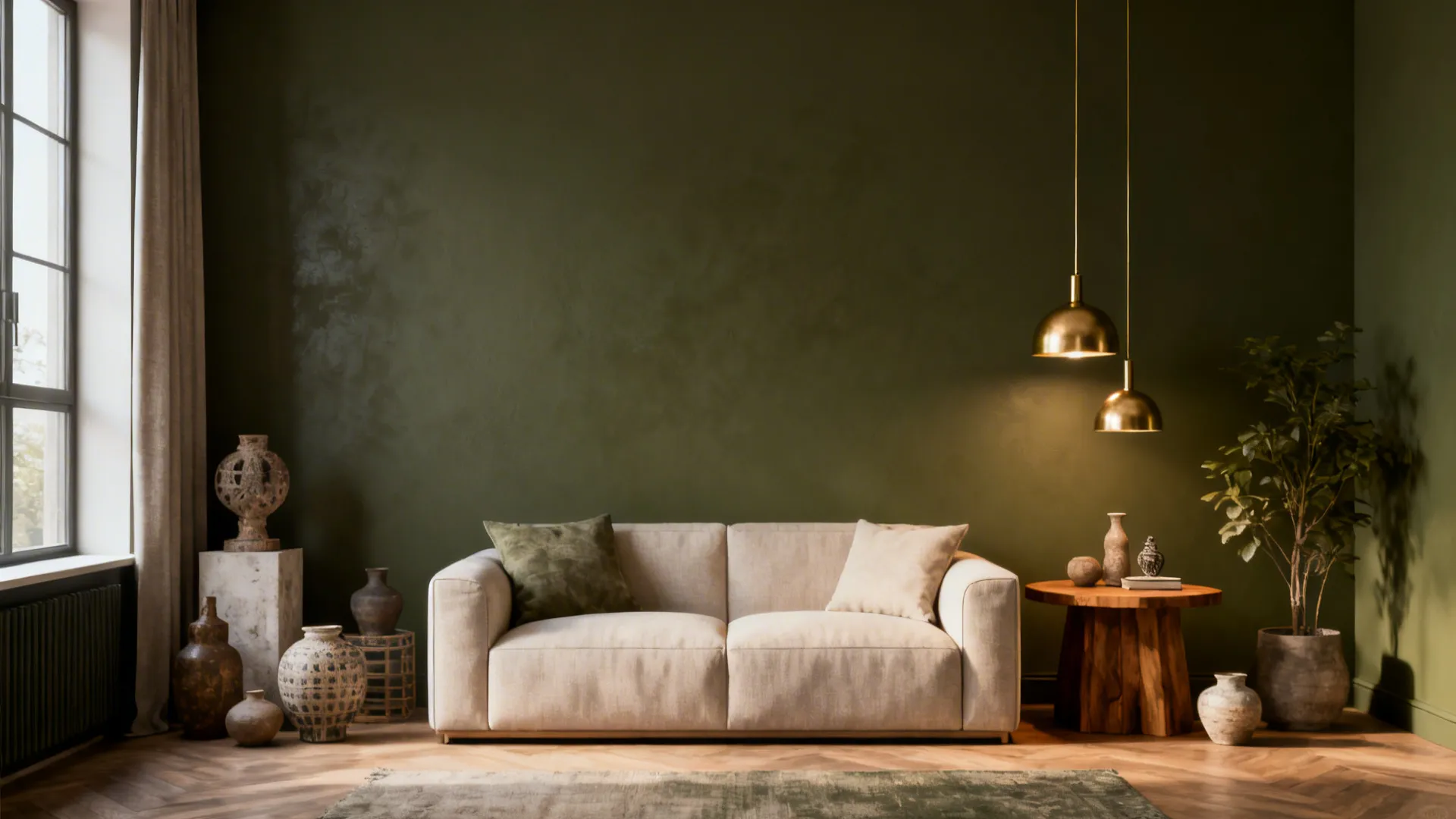 Sophisticated living room with a deep olive wall, brass lighting and light upholstery