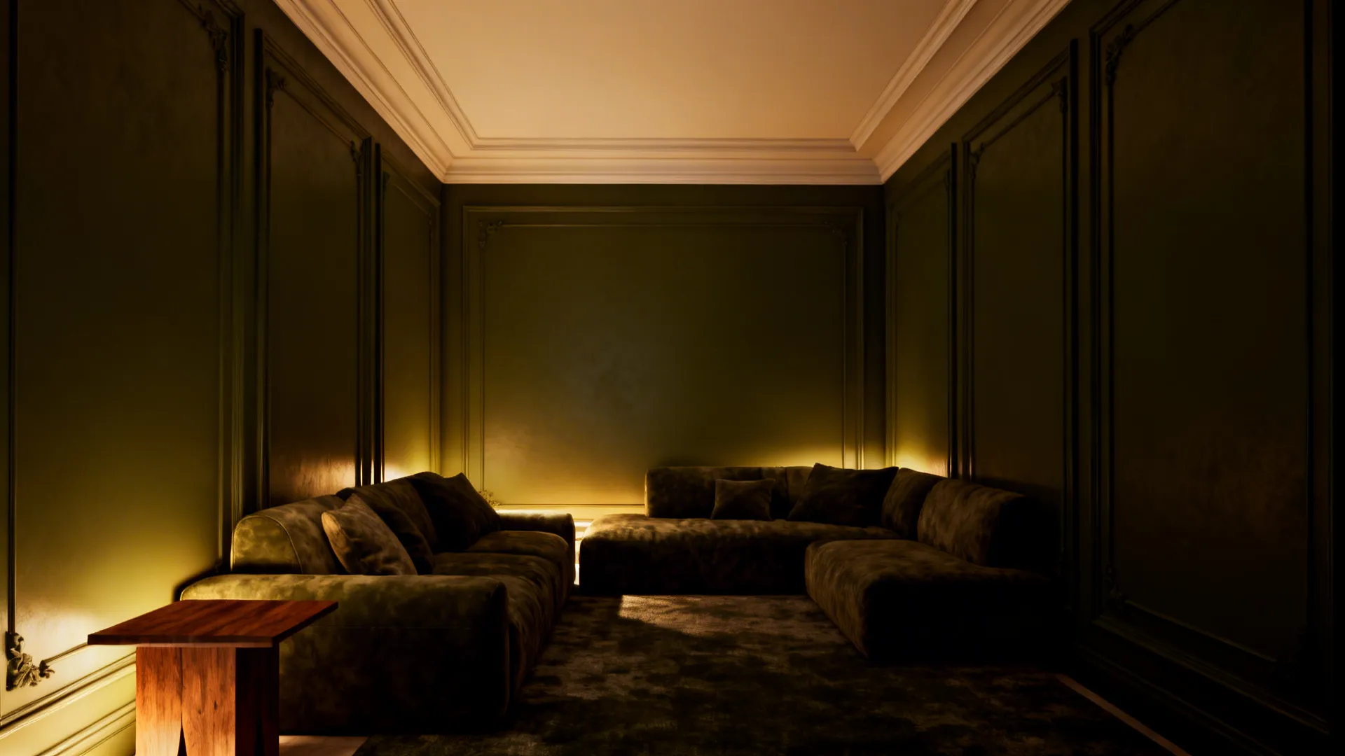 Narrow living room with a deep olive accent wall and layered warm lighting for a cocoon effect.