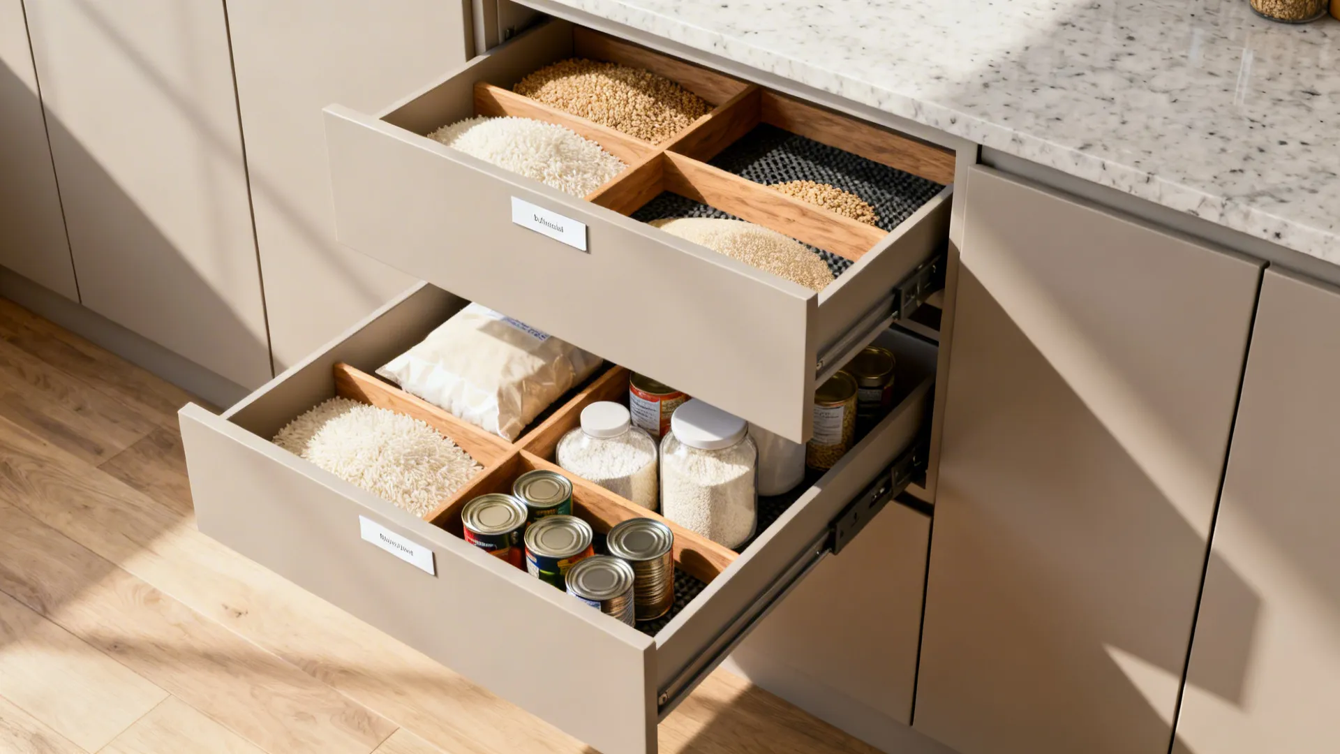 Tall base cabinets with full-extension deep tandem drawers storing bulk pantry items with dividers.