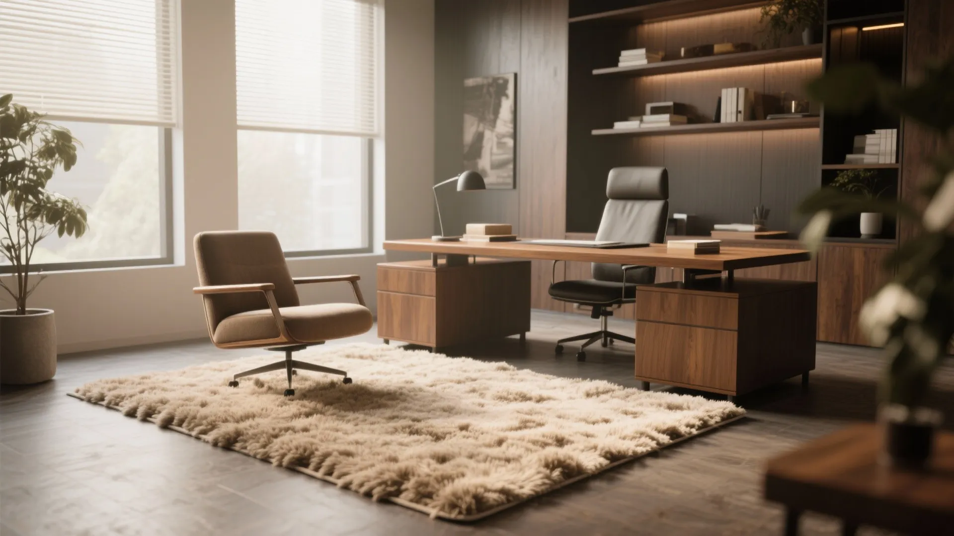 Cozy masculine office with beige plush rug