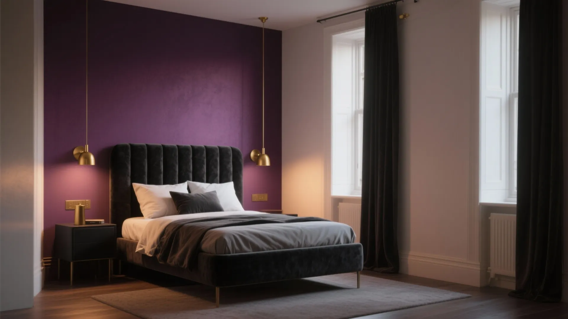 Modern bedroom with purple accent wall black bed gold wall light dark curtains and rug