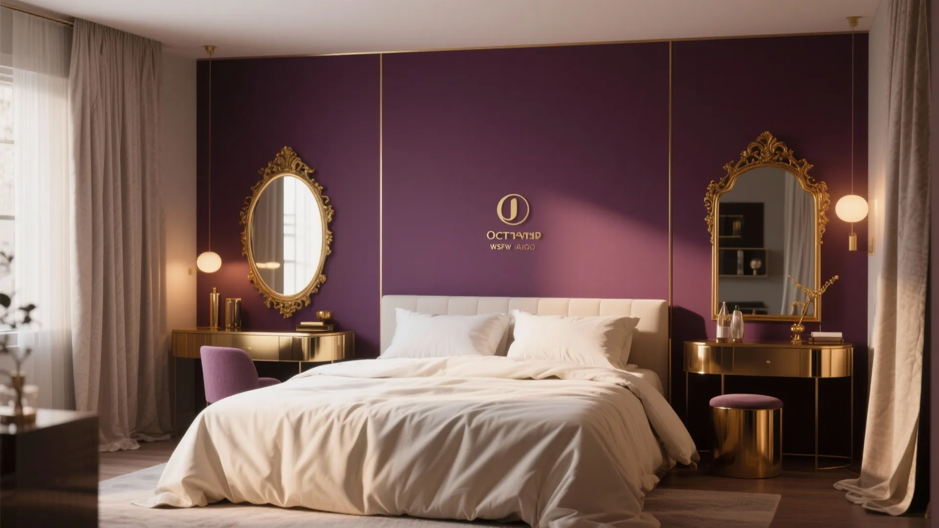 Luxury master bedroom with deep purple wall gold bedside tables gold mirrors and white bed sheets