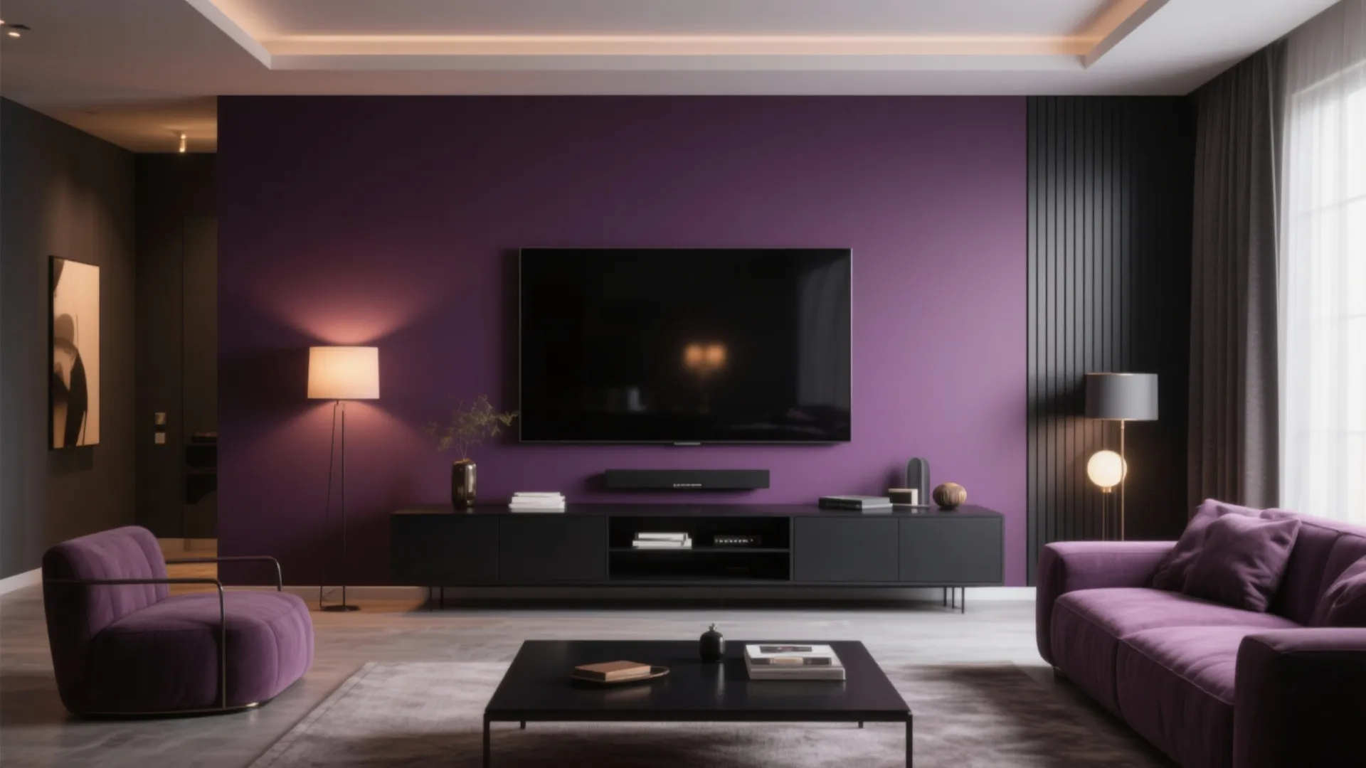 1. Deep Plum Walls with Matte Black Accents