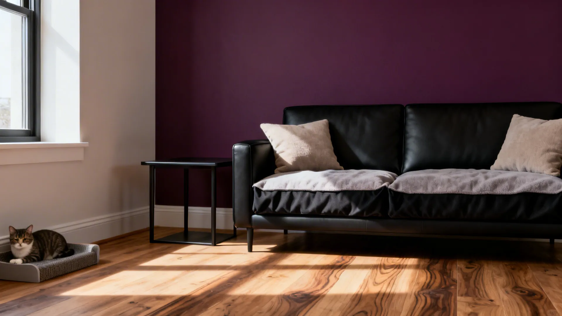 Corner living room with a deep plum accent wall, matte black sofa, and pet-friendly microfiber cushions.