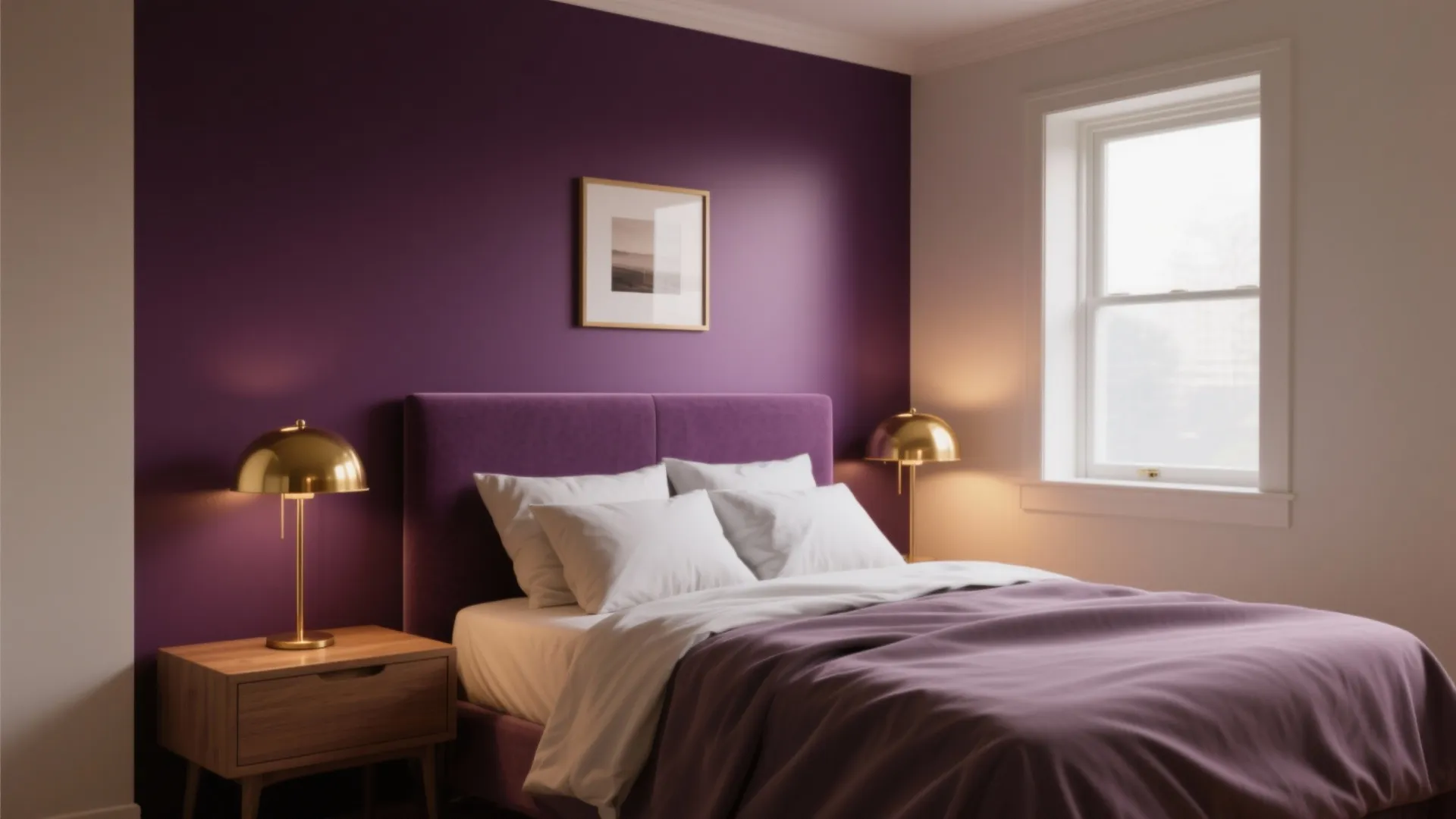 Bedroom featuring a dark purple wall with gold lamps on wooden tables and white pillows