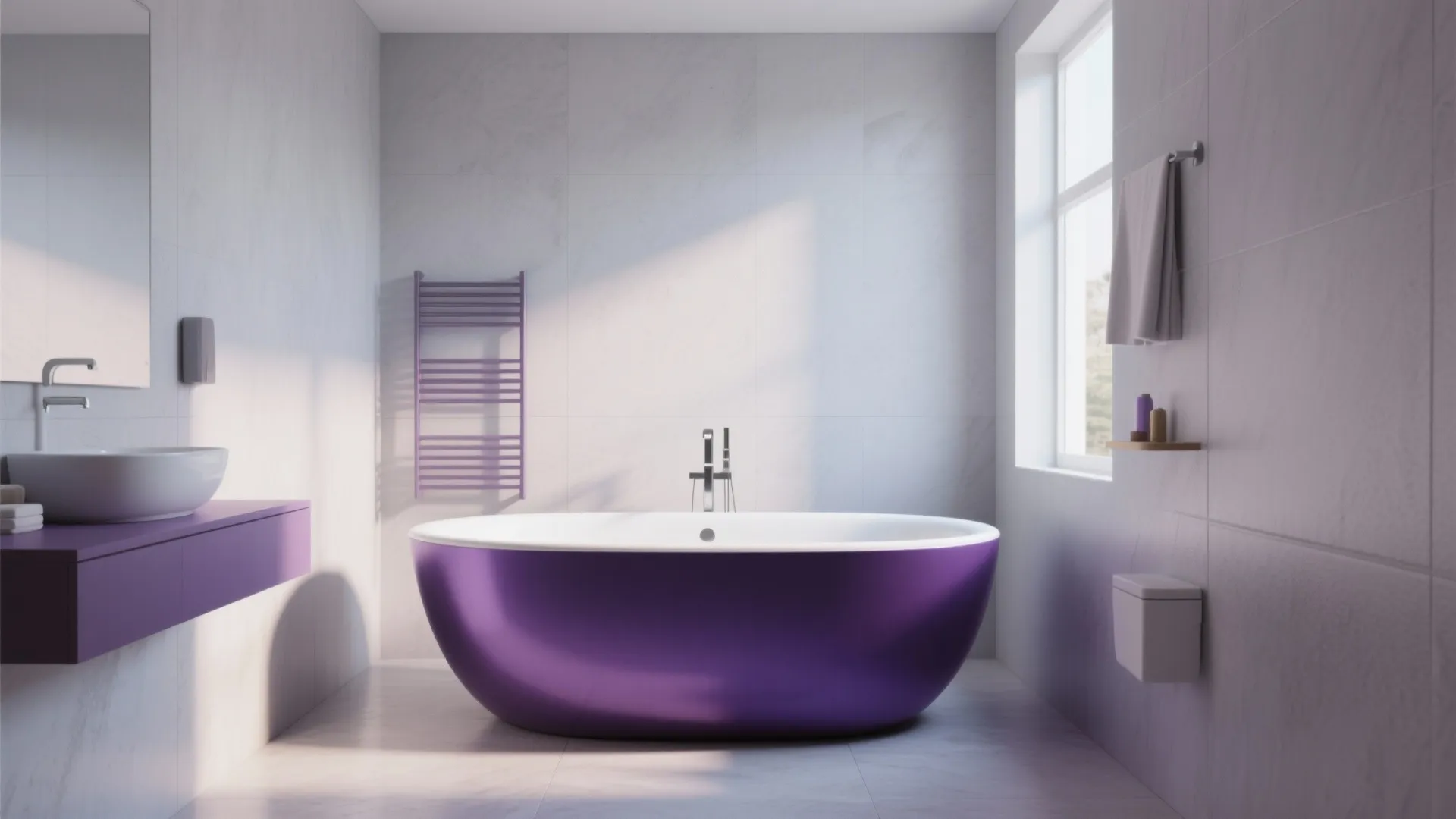 Bright bathroom with a large purple bathtub centered on the floor near a purple cabinet