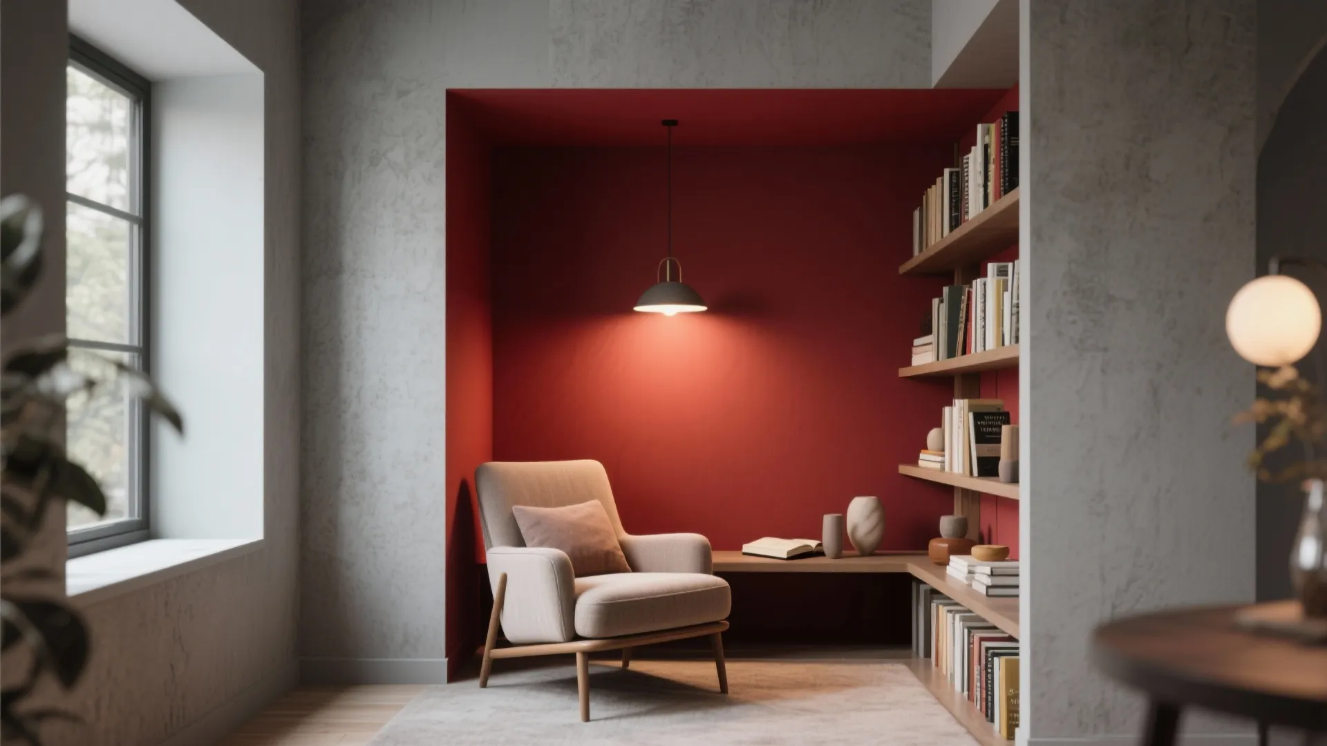Reading corner with a red feature wall cozy armchair wooden bookshelf ceiling light and large window