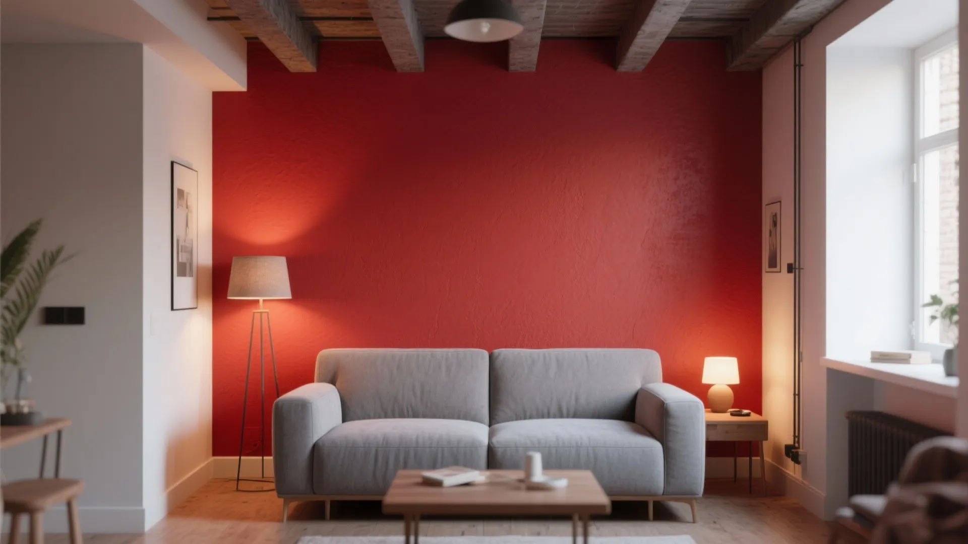 1. Deep Red Accent Wall with Soft Grey Furnishings