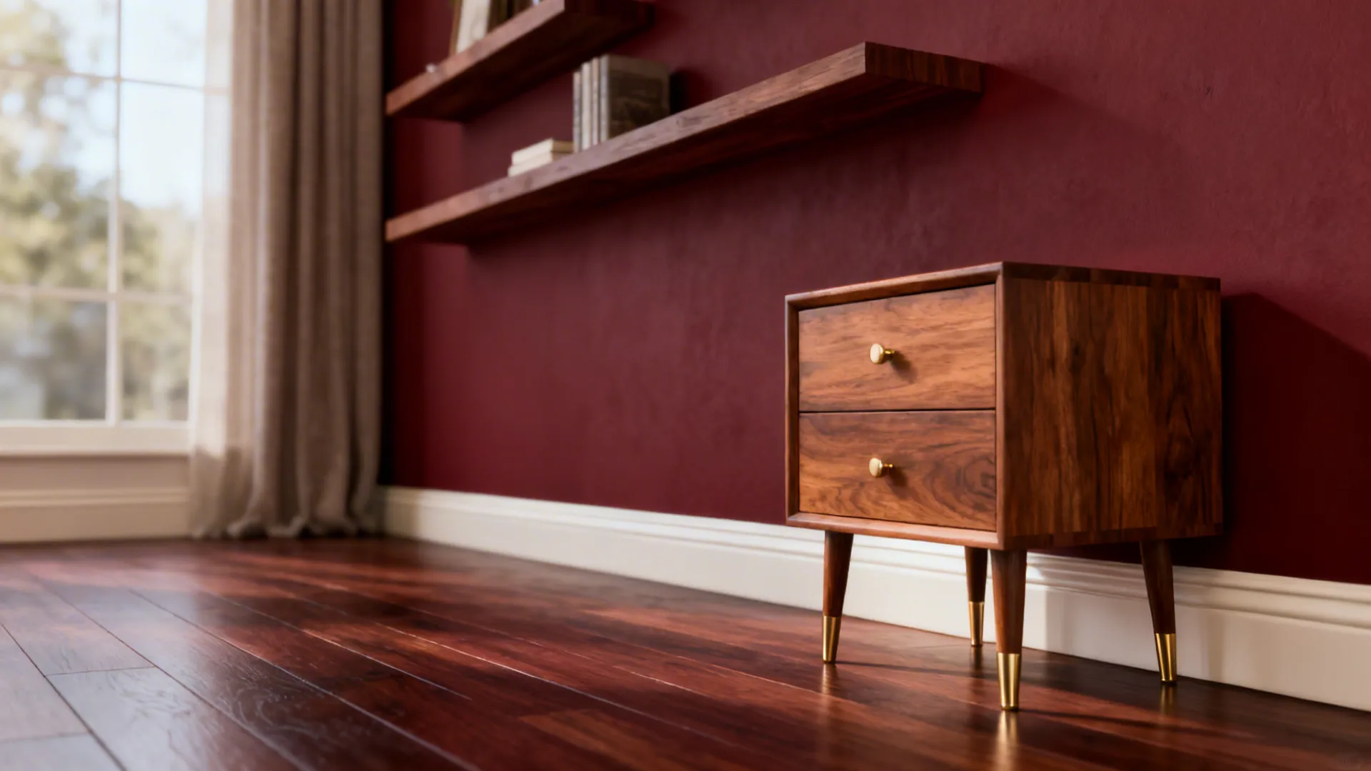 Interior with a deep crimson accent wall, walnut shelves, oak side table and espresso floor.