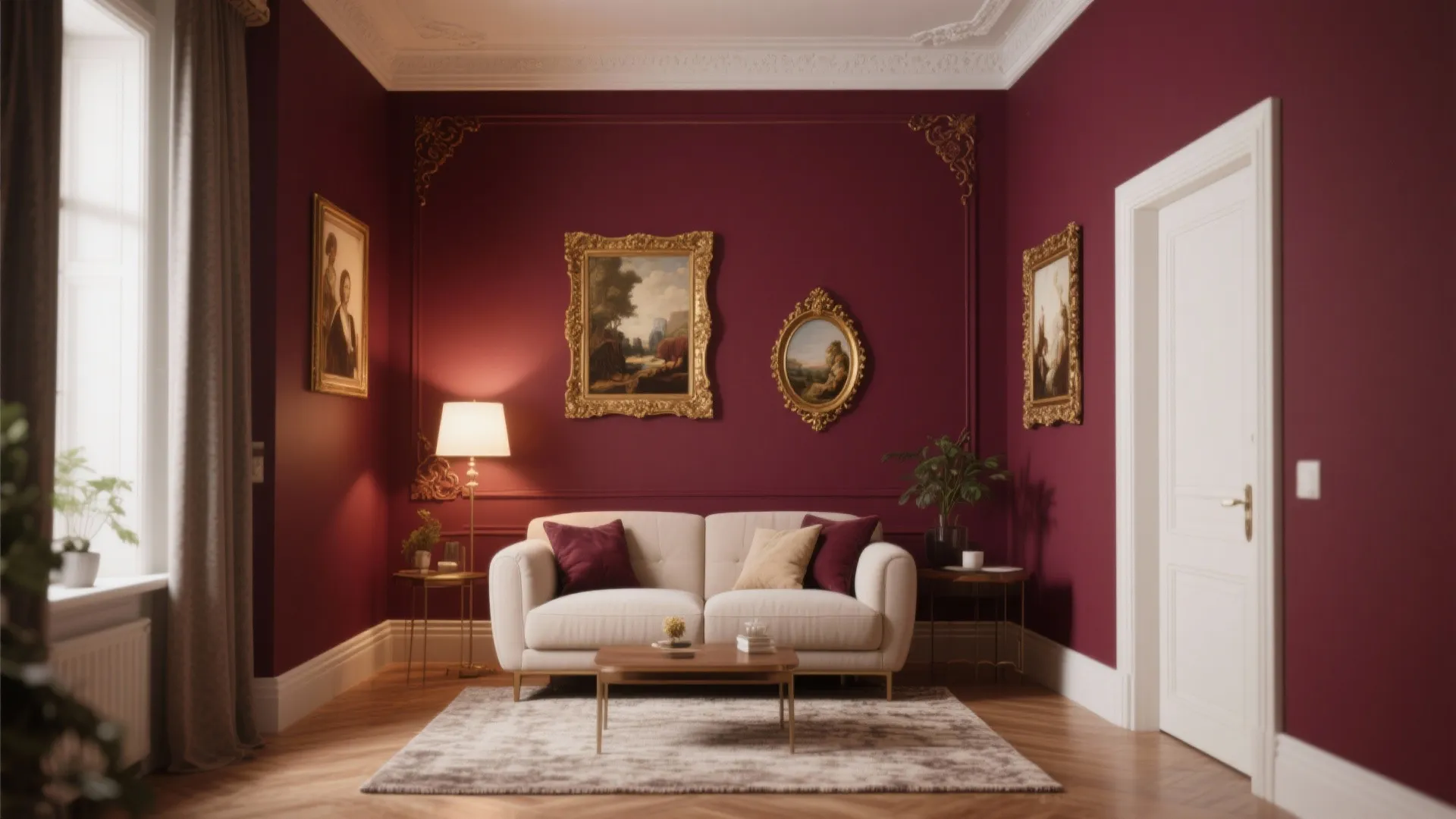 1. Deep Red Accent Wall with Gold Frames