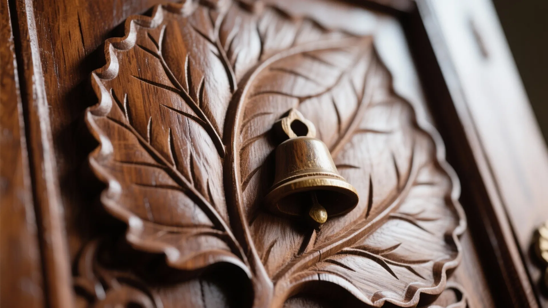 Close up view of a small metal bell hanging on a carved wooden leaf pattern
