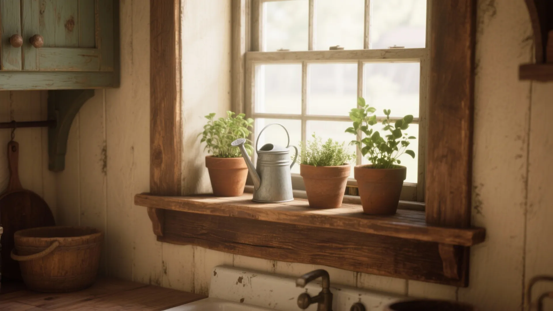Wooden window ledge holding three small potted green plants and a silver metal watering can
