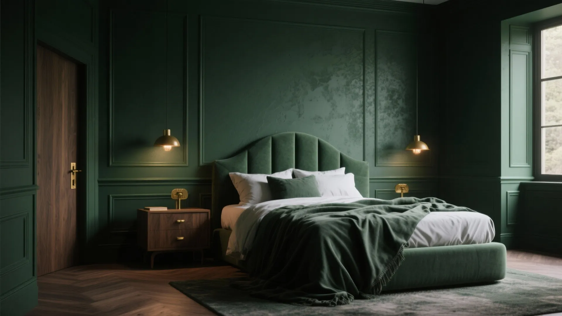 Moody bedroom where deep green walls and matching trim create a cozy, dramatic cocooned feeling.