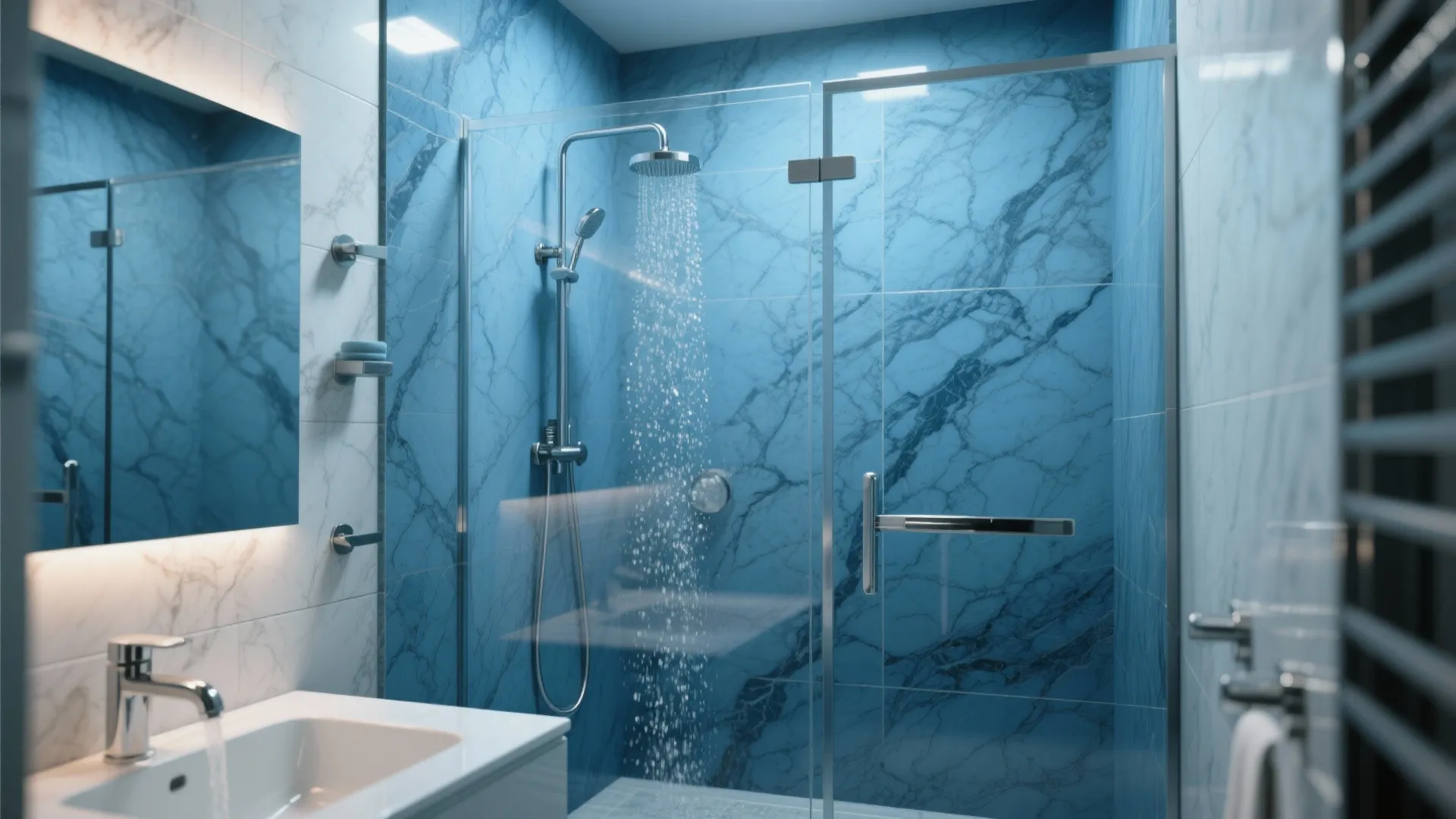 Deep-Sea Blue Marble Shower Walls