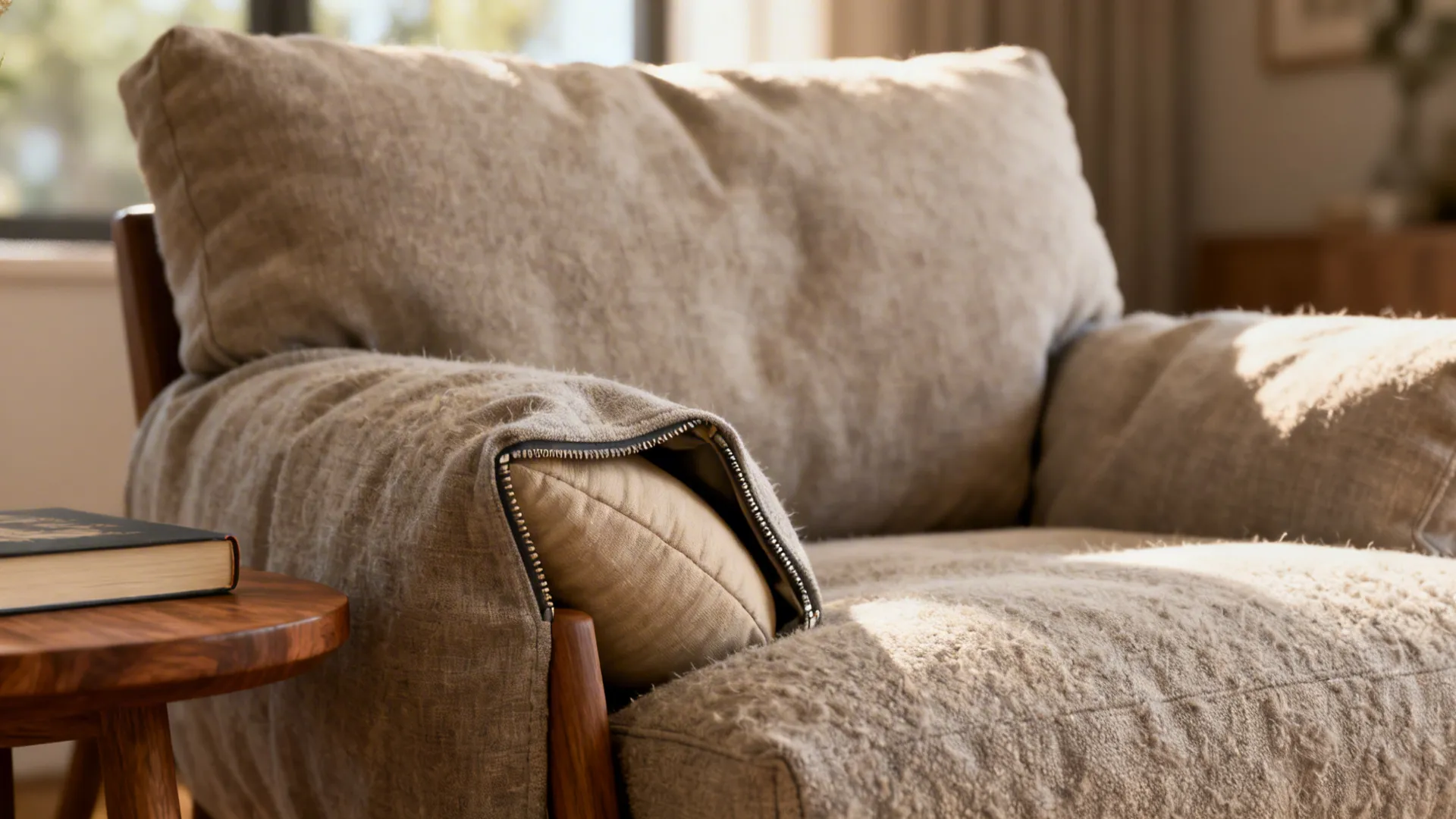 Close-up of a plush deep-seat lounge chair with removable fabric cover in a cozy corner