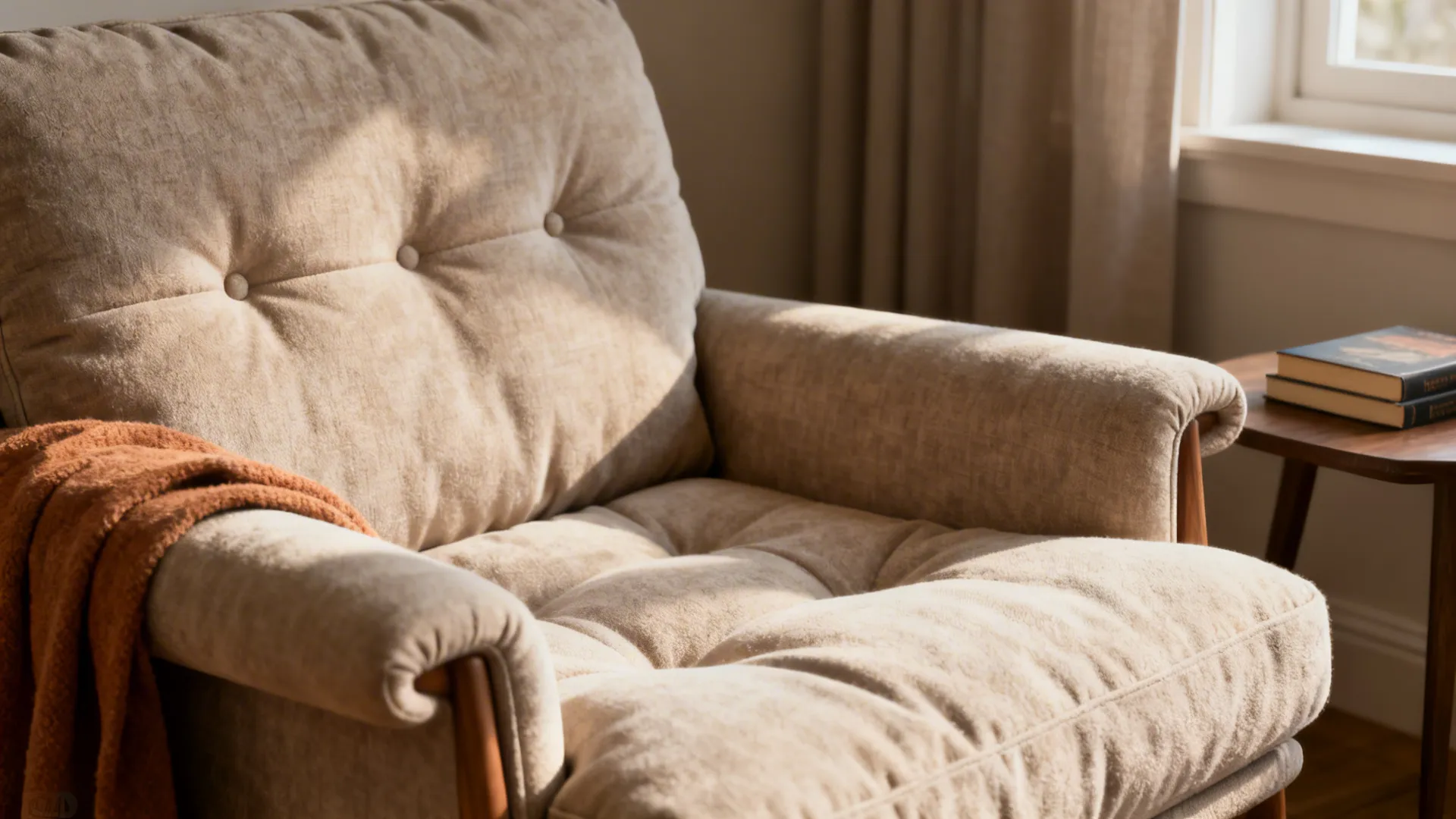 Close-up of a deep-seat lounge chair with down-fill cushions and tapered arm in a cozy corner