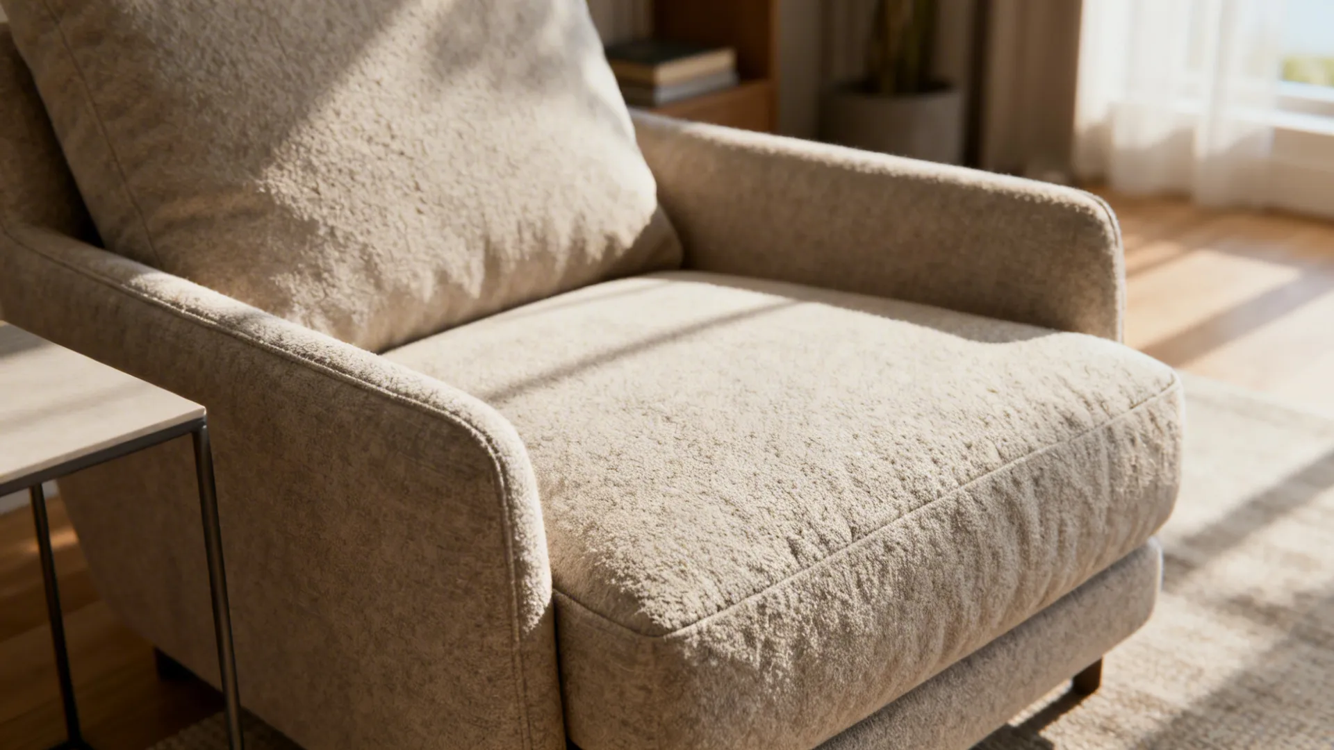 Deep-seat lounge chair with plush cushions and slim side table