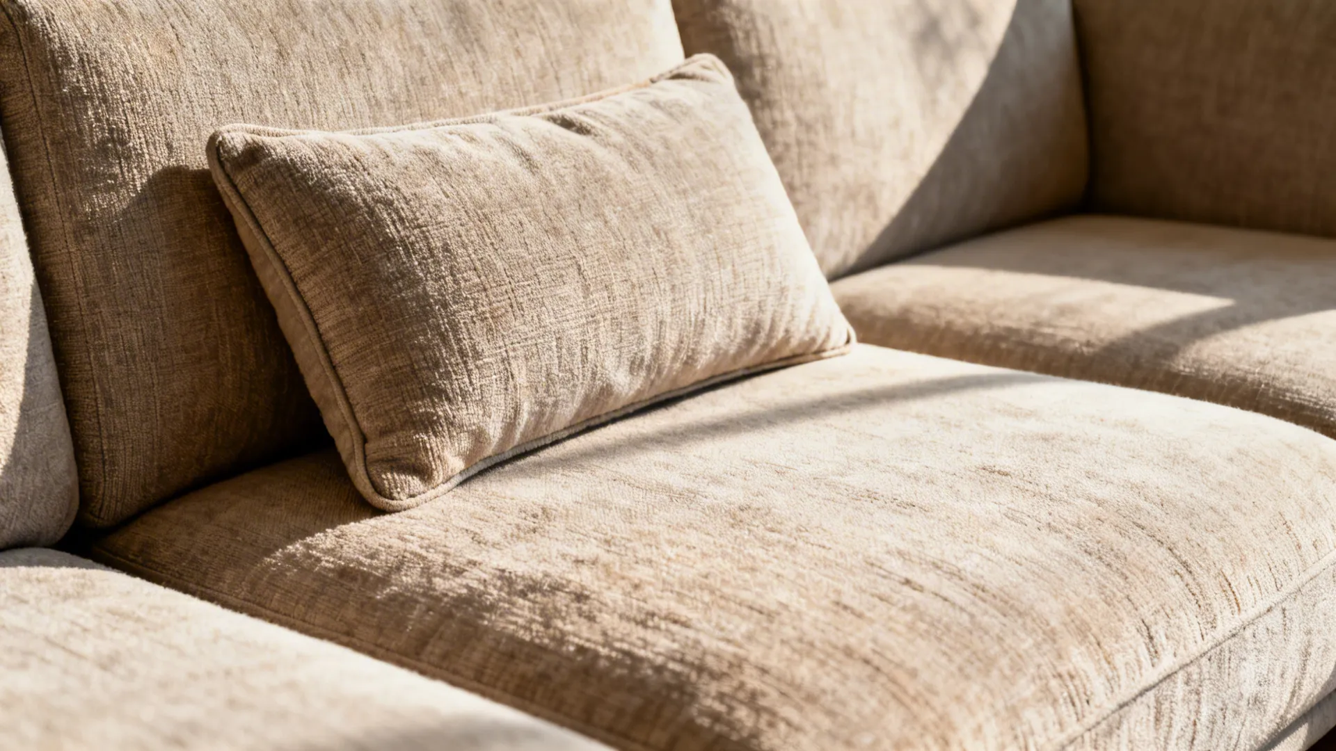 Macro of a deep seat cushion and lumbar pillow on a low-profile U-shaped sectional.