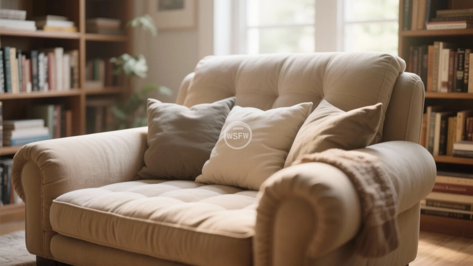 Deep-seated armchair in a reading nook with cushions