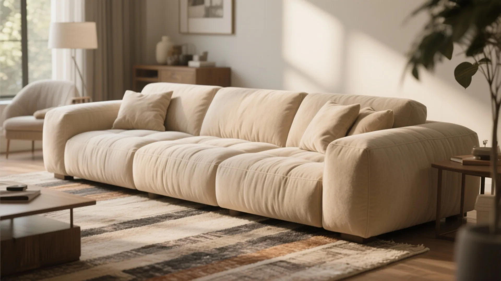 Deep-seated plush sofa with oversized cushions in airy room