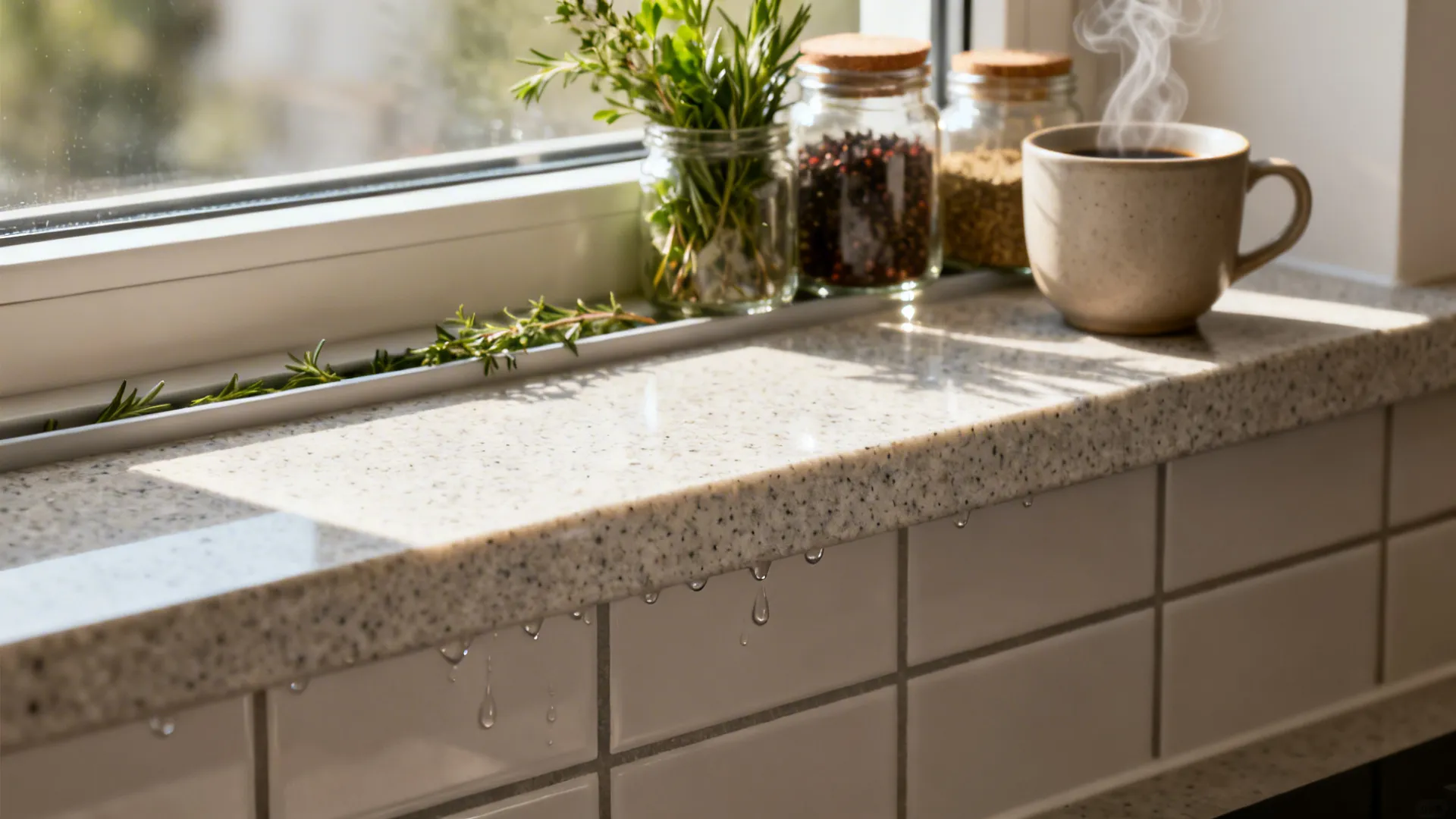 Close-up of a deep quartz kitchen window sill with herb rail, spices, and a coffee cup.