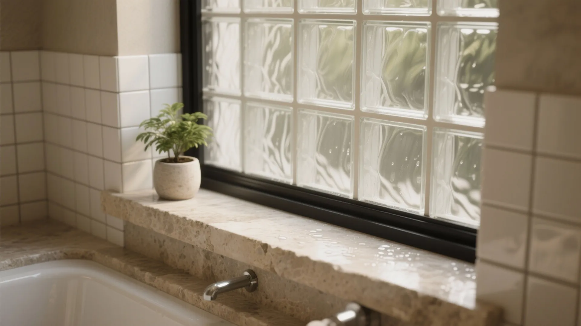Close up of glass block window with stone ledge green plant and white bathroom wall tiles