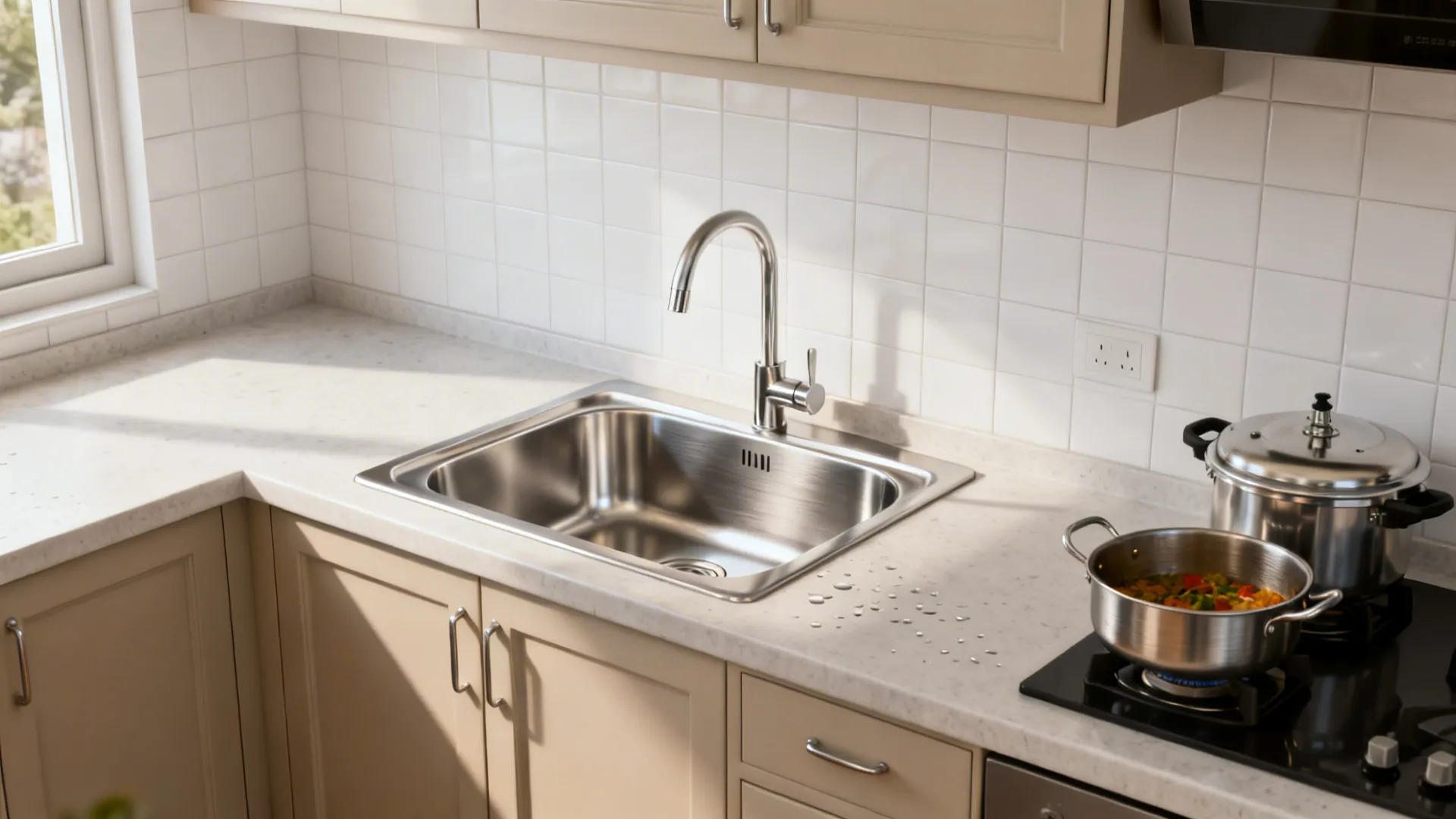 Deep single-bowl brushed stainless sink in a compact kitchen with space for large Indian cookware.