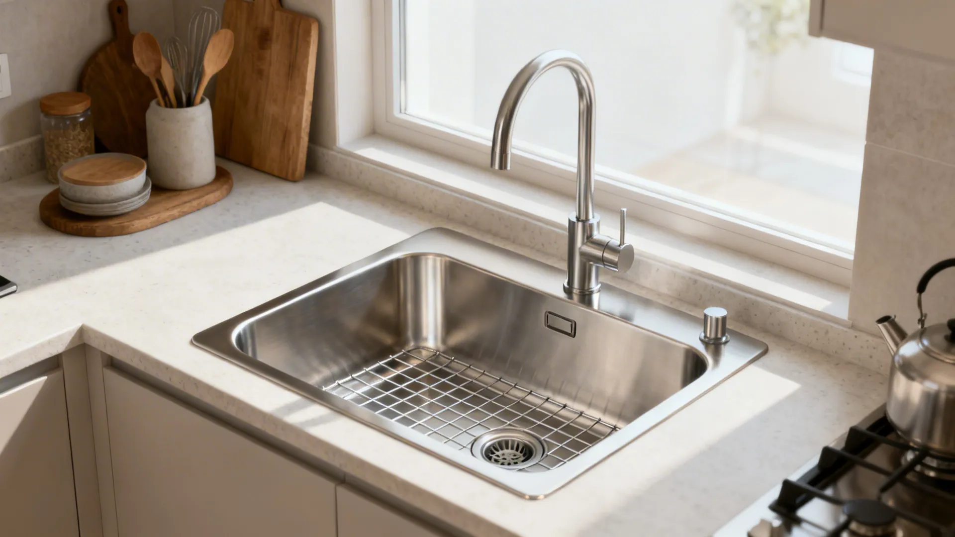 Deep single stainless steel sink with a metal grid silver faucet and a bright window