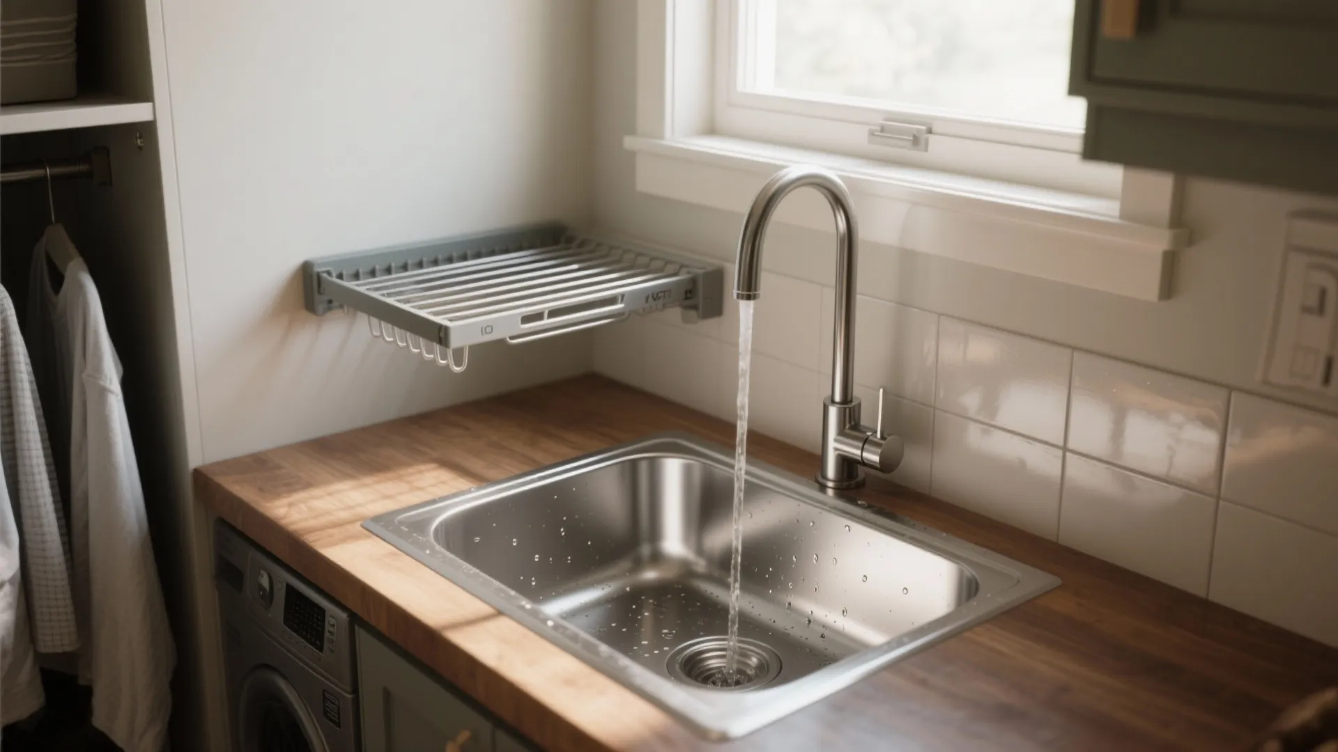 Stainless steel sink with running water from a silver faucet on a natural wood countertop