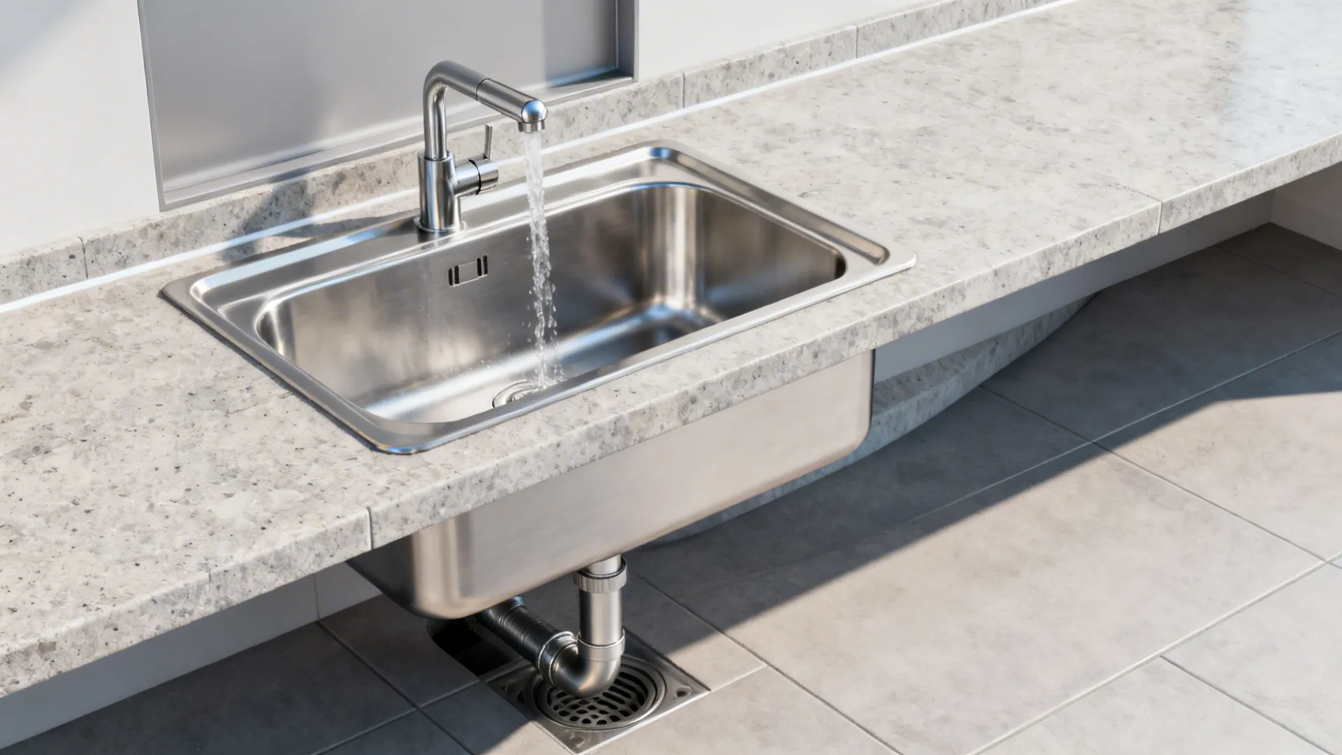 Deep stainless sink with pull-out faucet and well-planned drainage and P-trap under a stone countertop.