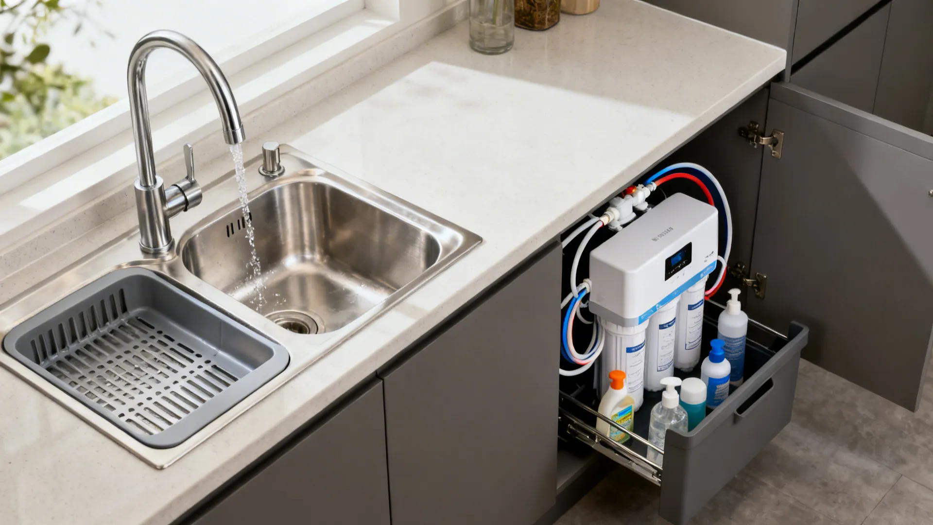 Water-smart sinks with dual drains and under‑sink RO planning