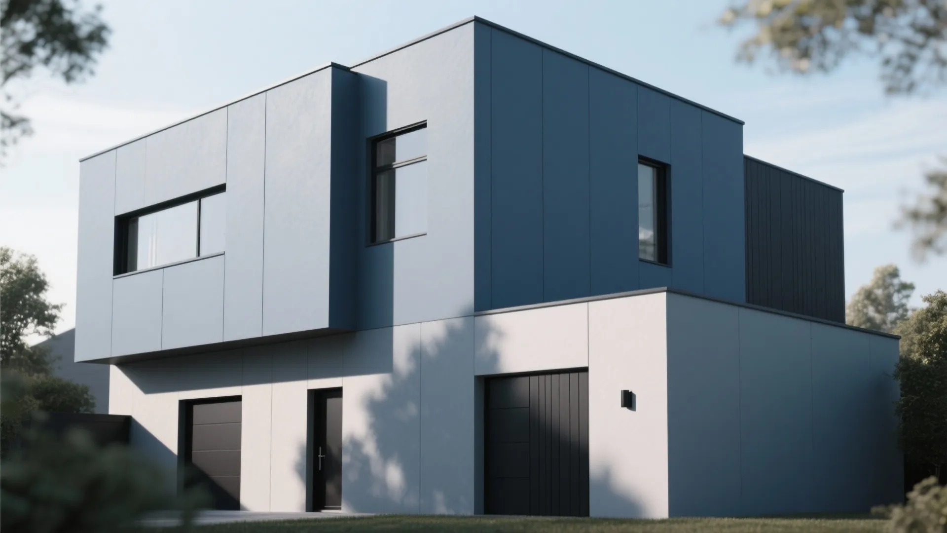 Modern minimalist house in deep slate blue-grey with matte black hardware and clean architectural lines.