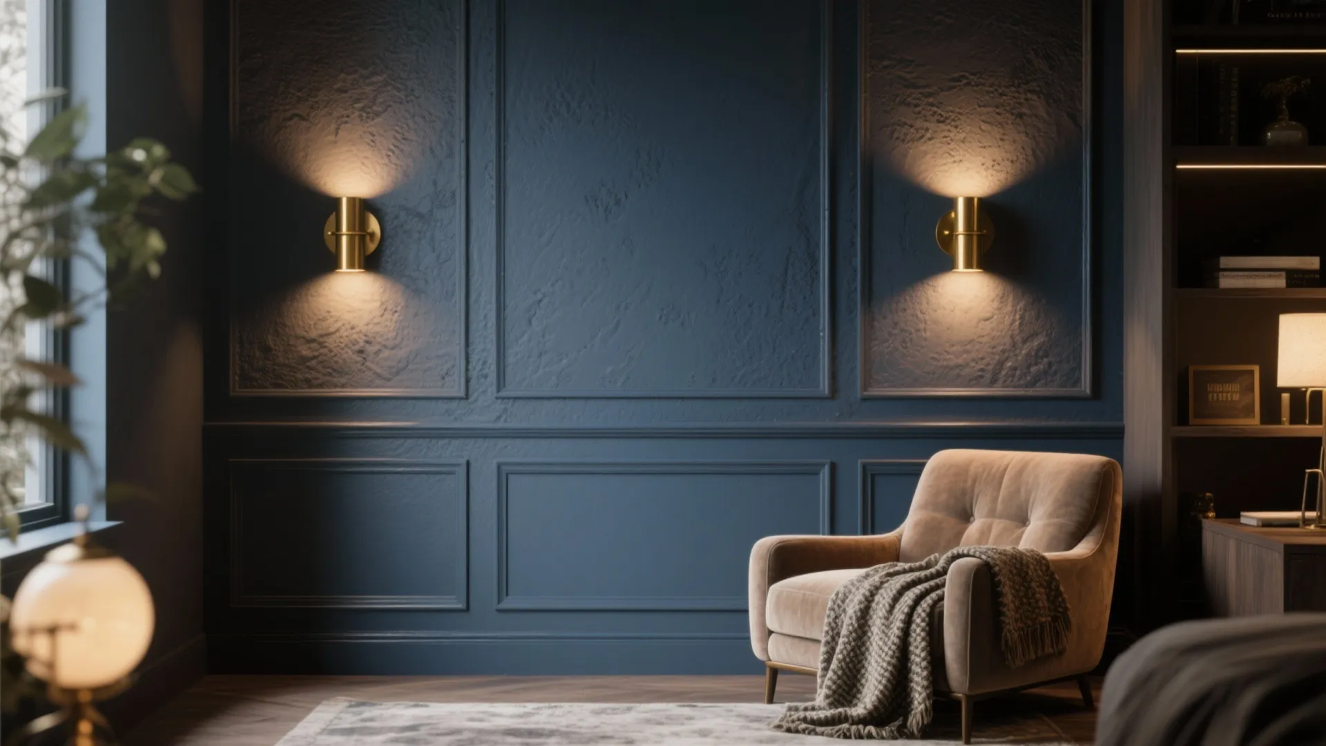 Cozy den featuring a Deep Slate blue-grey accent wall with warm brass lighting and textured upholstery.
