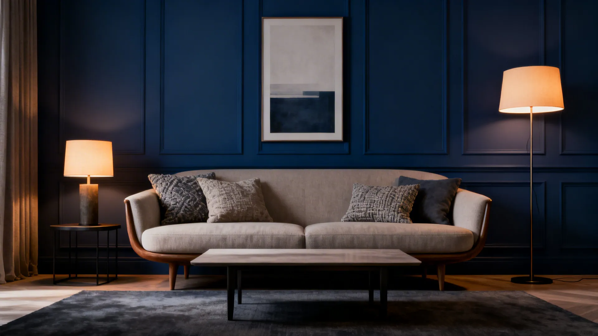 Small living room with a deep slate blue accent wall behind a sofa and layered lamps.