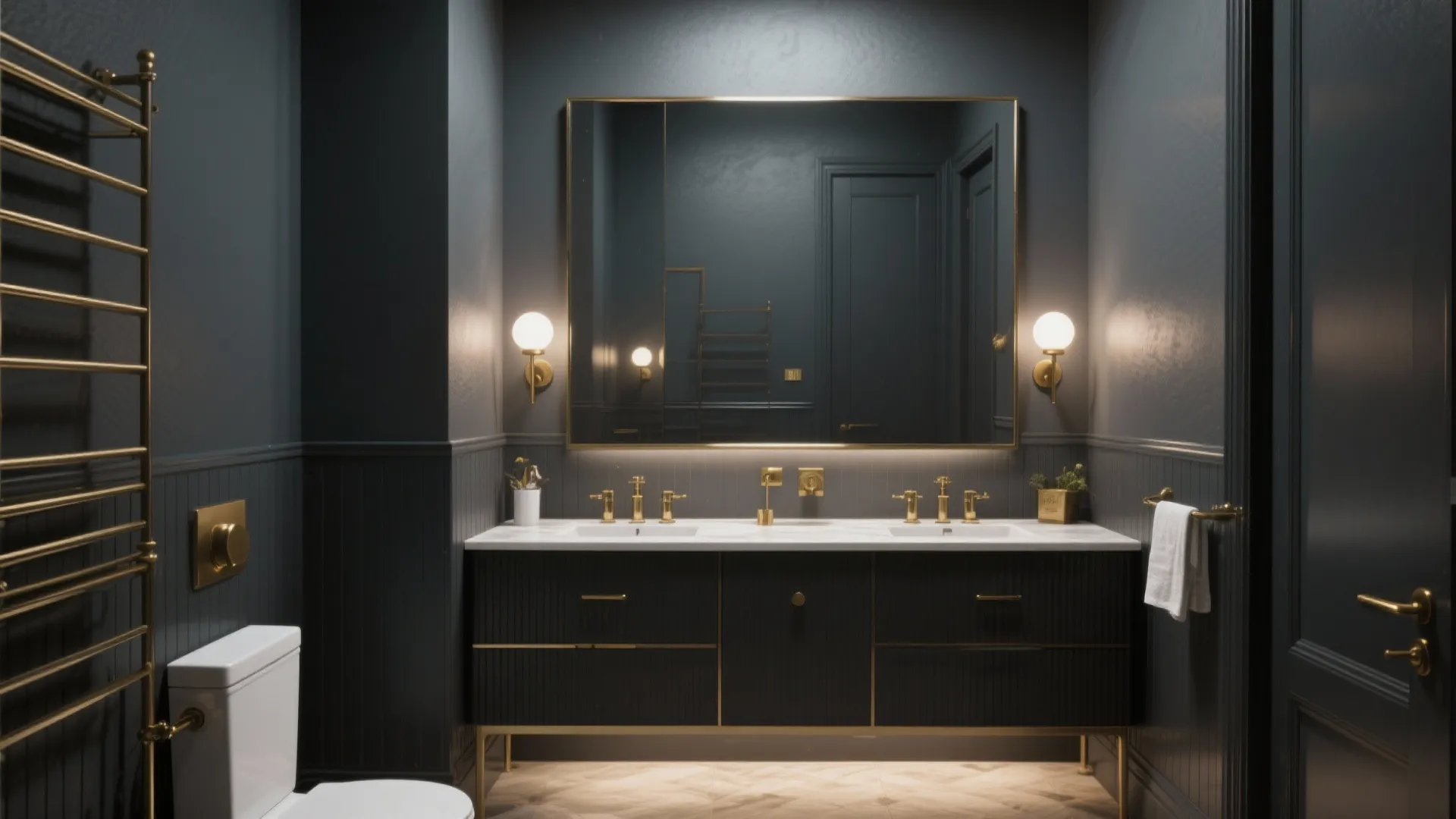 Dark grey bathroom with double sink black cabinet gold wall light fixtures and large mirror