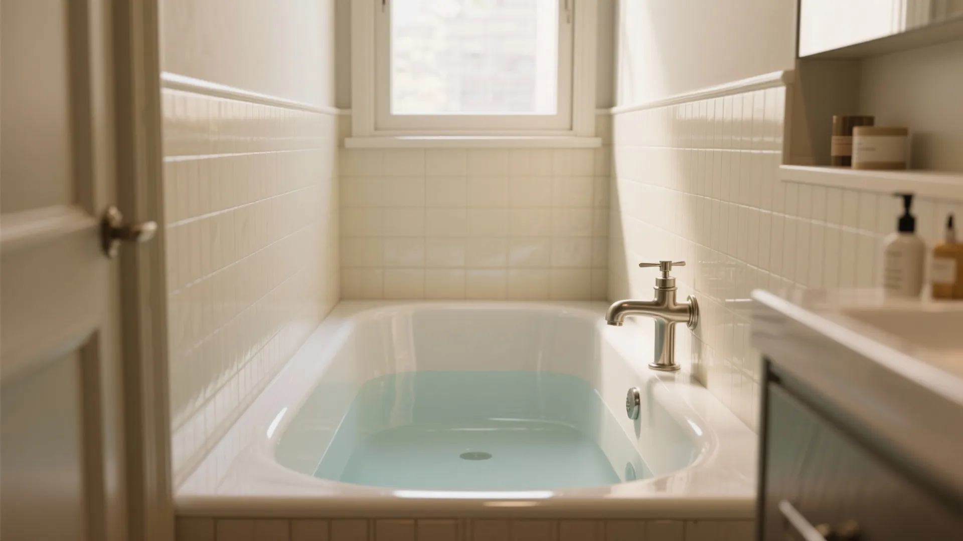 Minimalist white bathtub filled with water placed between cream tiled walls under a small window