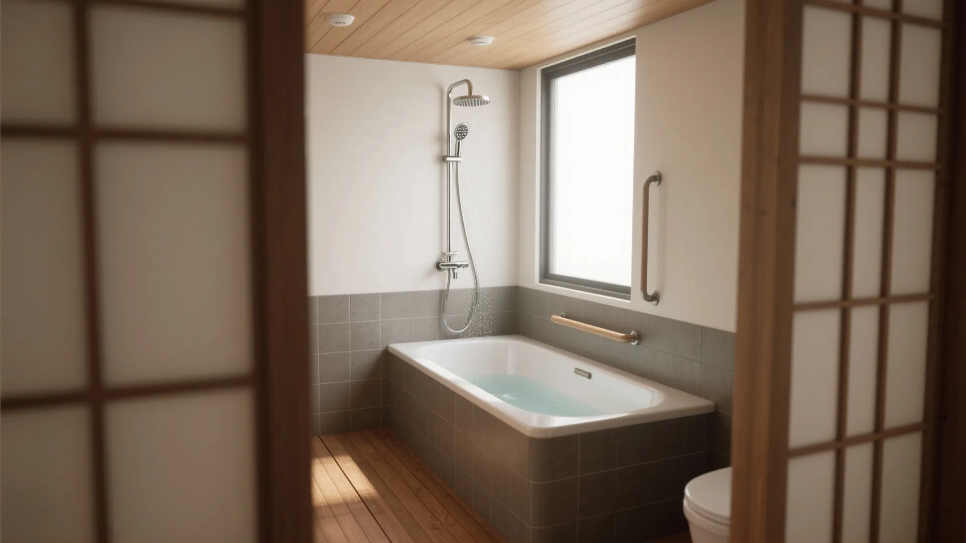 Modern Japanese style bathroom with deep white bathtub grey wall tiles and light wood ceiling