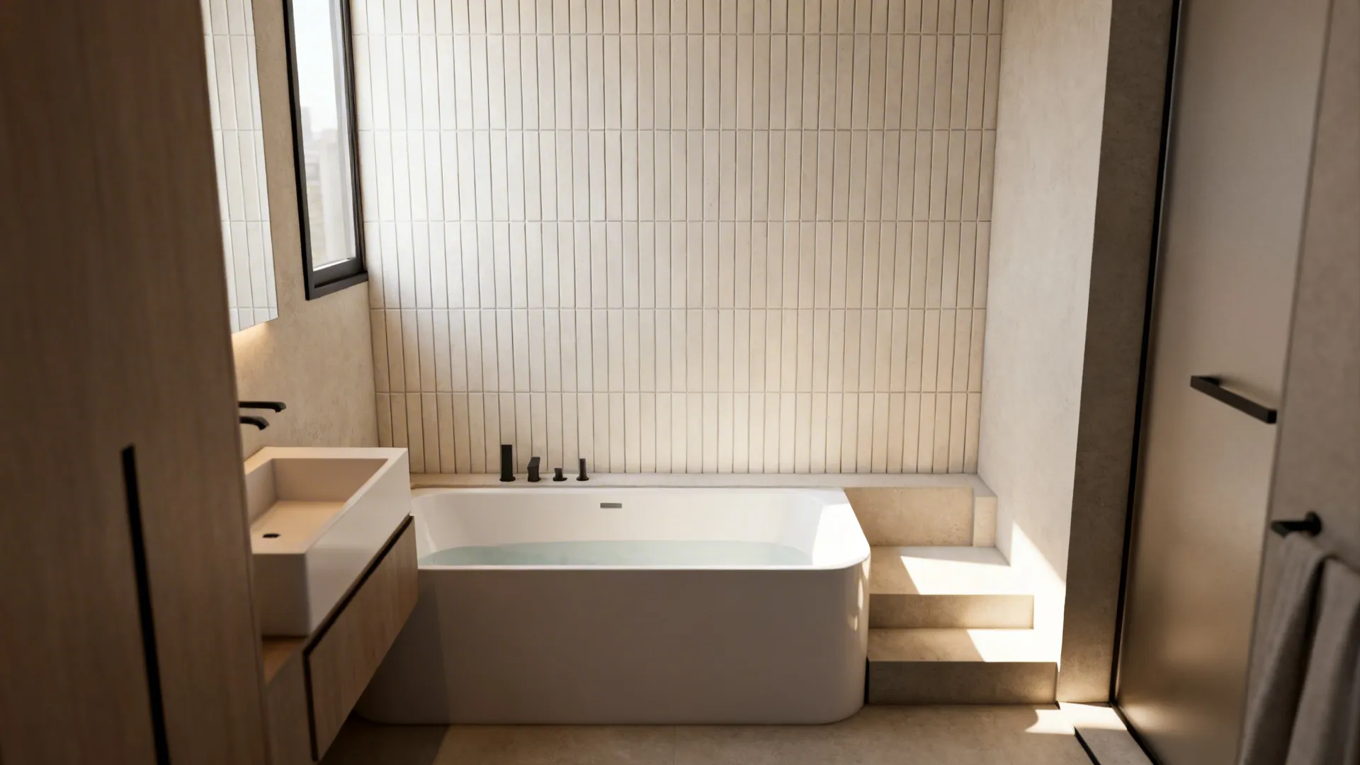 Compact deep soaker tub with vertical tile and slim vanity in a micro-apartment bathroom