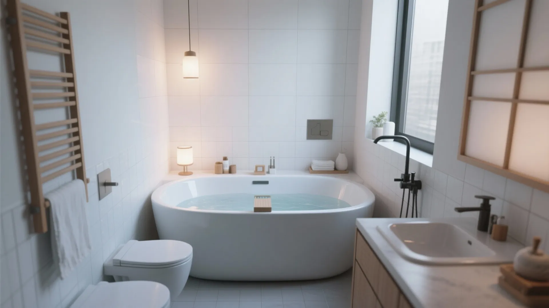Deep Japanese soaking tub in a compact bathroom