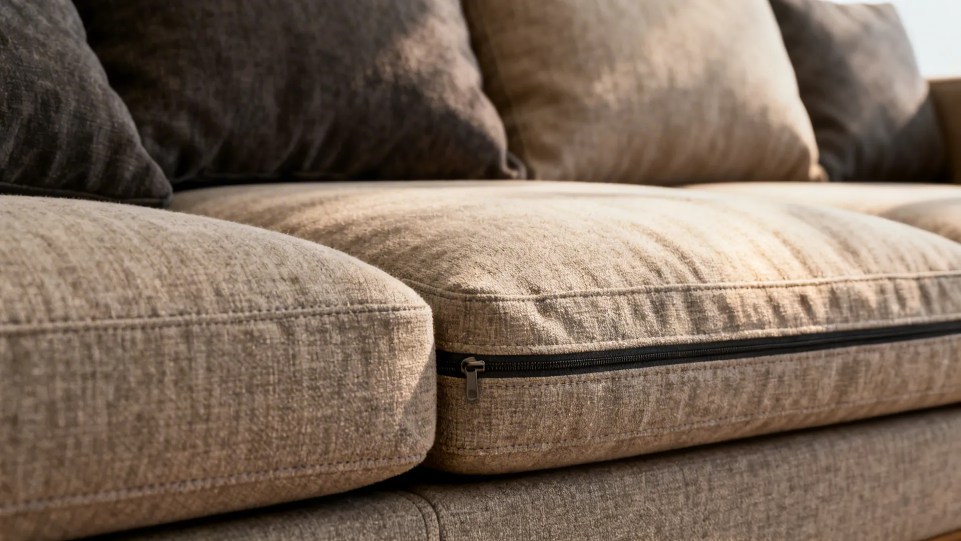 Close-up of a deep sofa seat with performance fabric and oversized cushion showing replaceable insert detail.