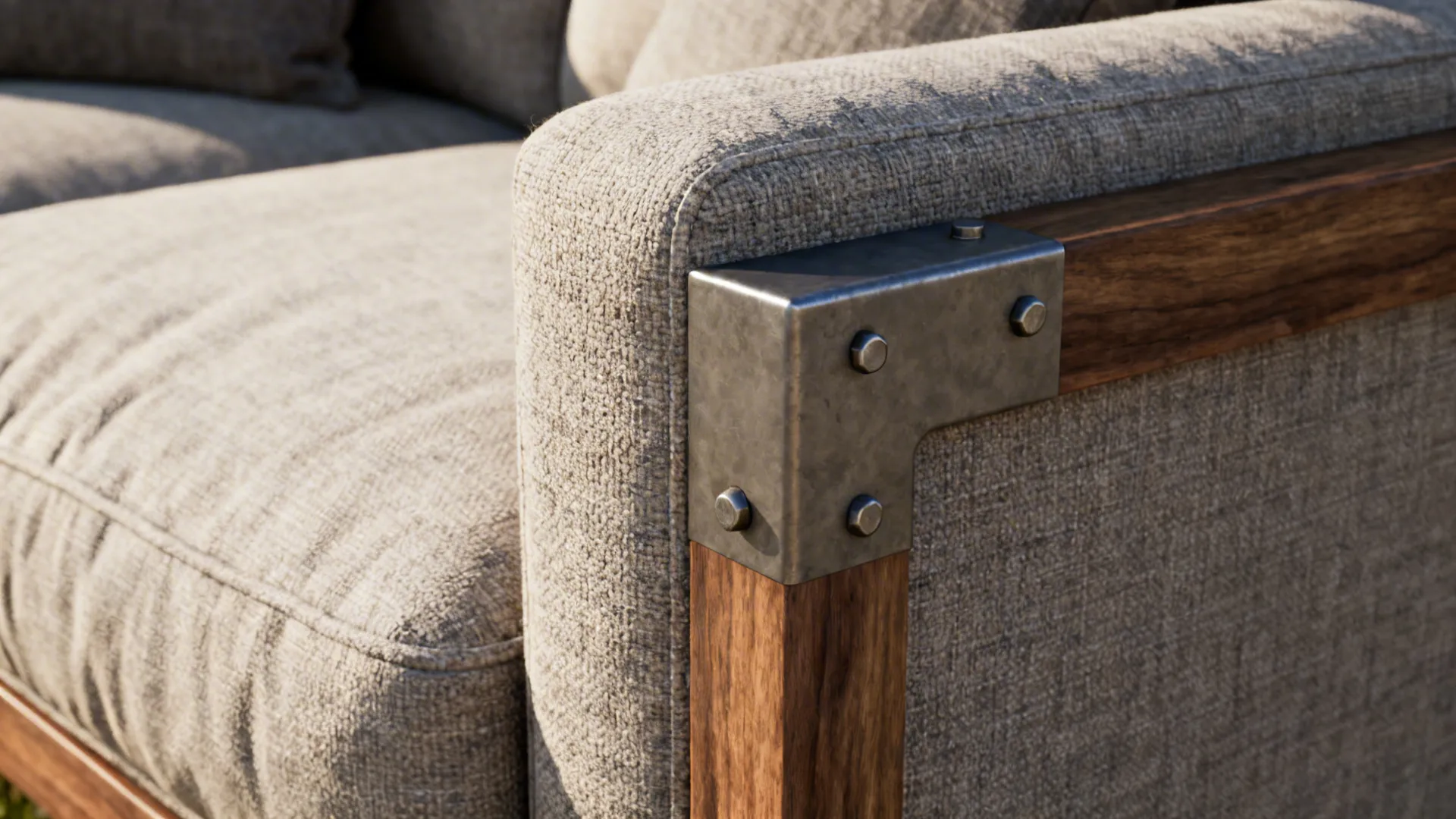 Close up of grey fabric sofa corner showing dark wood frame and metal joint bolts