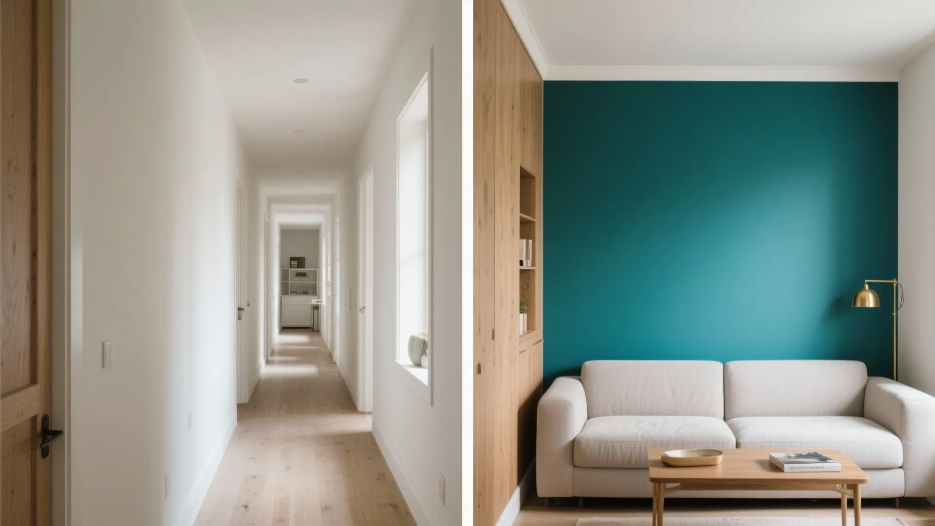 Bright white hallway with wood floor next to living room with teal wall and sofa