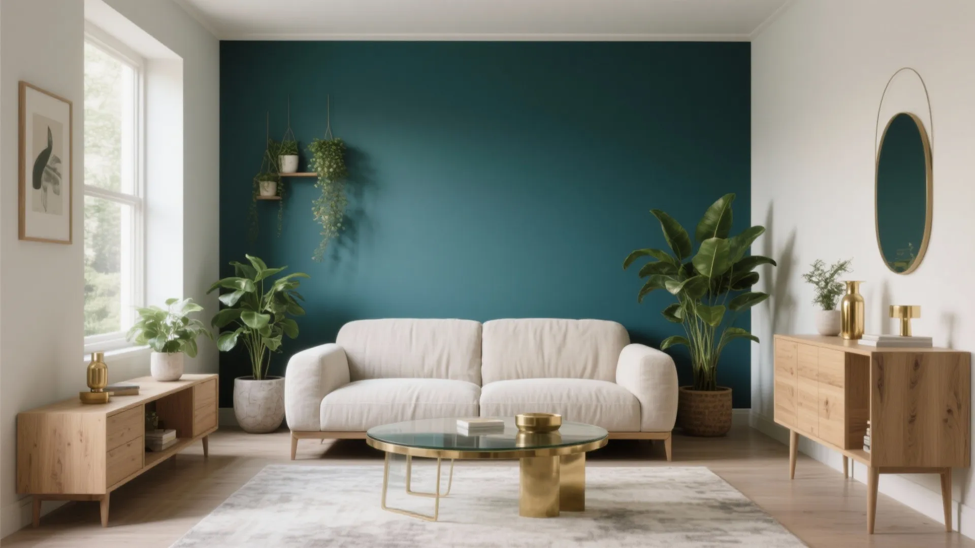 Modern living room with dark green wall white sofa gold coffee table and wooden storage cabinet