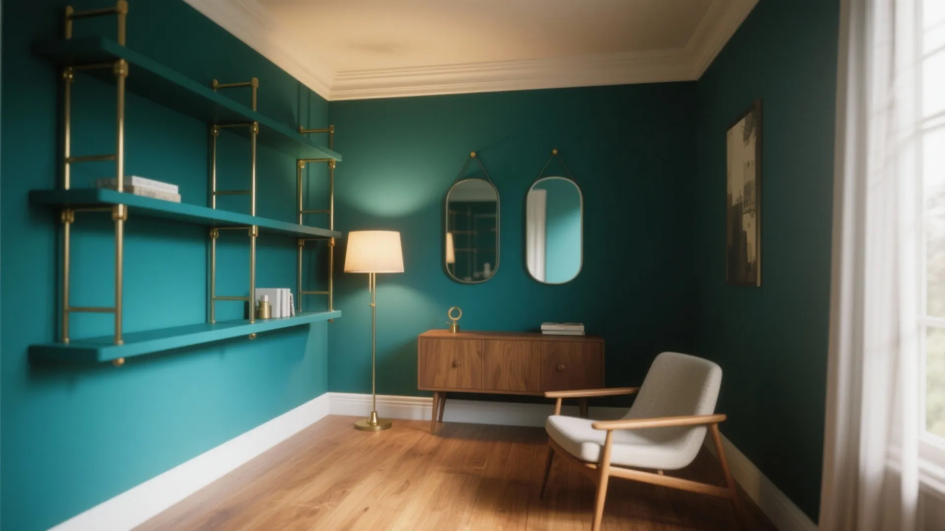 2. One-wall drama: deep teal or blue-green accent