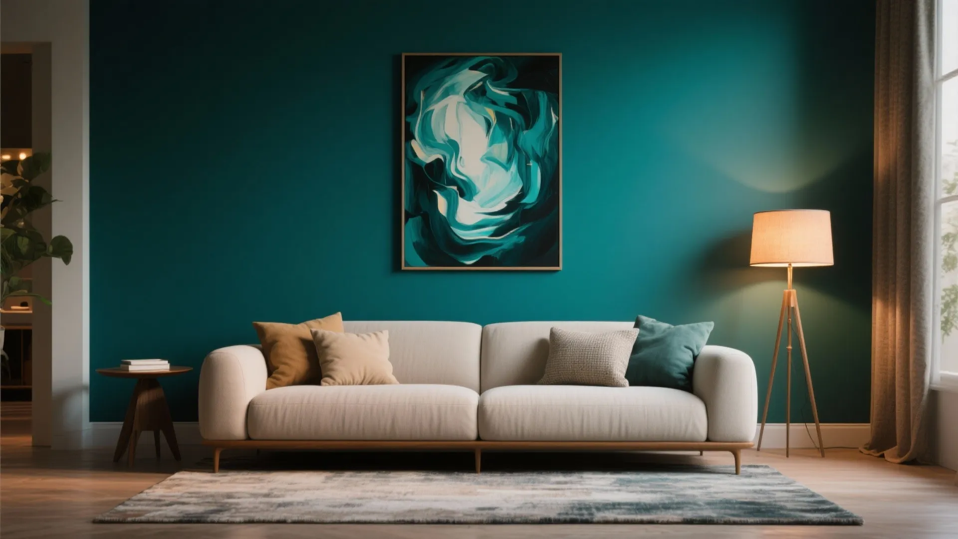 Living room with a bold deep teal accent wall behind a neutral sofa, art and lighting to balance the space.