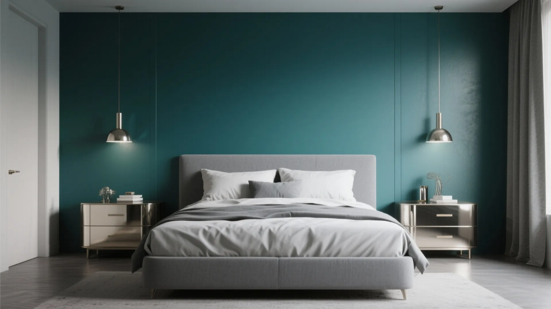 Modern bedroom with deep teal wall panel grey bed silver nightstands and hanging ceiling lights