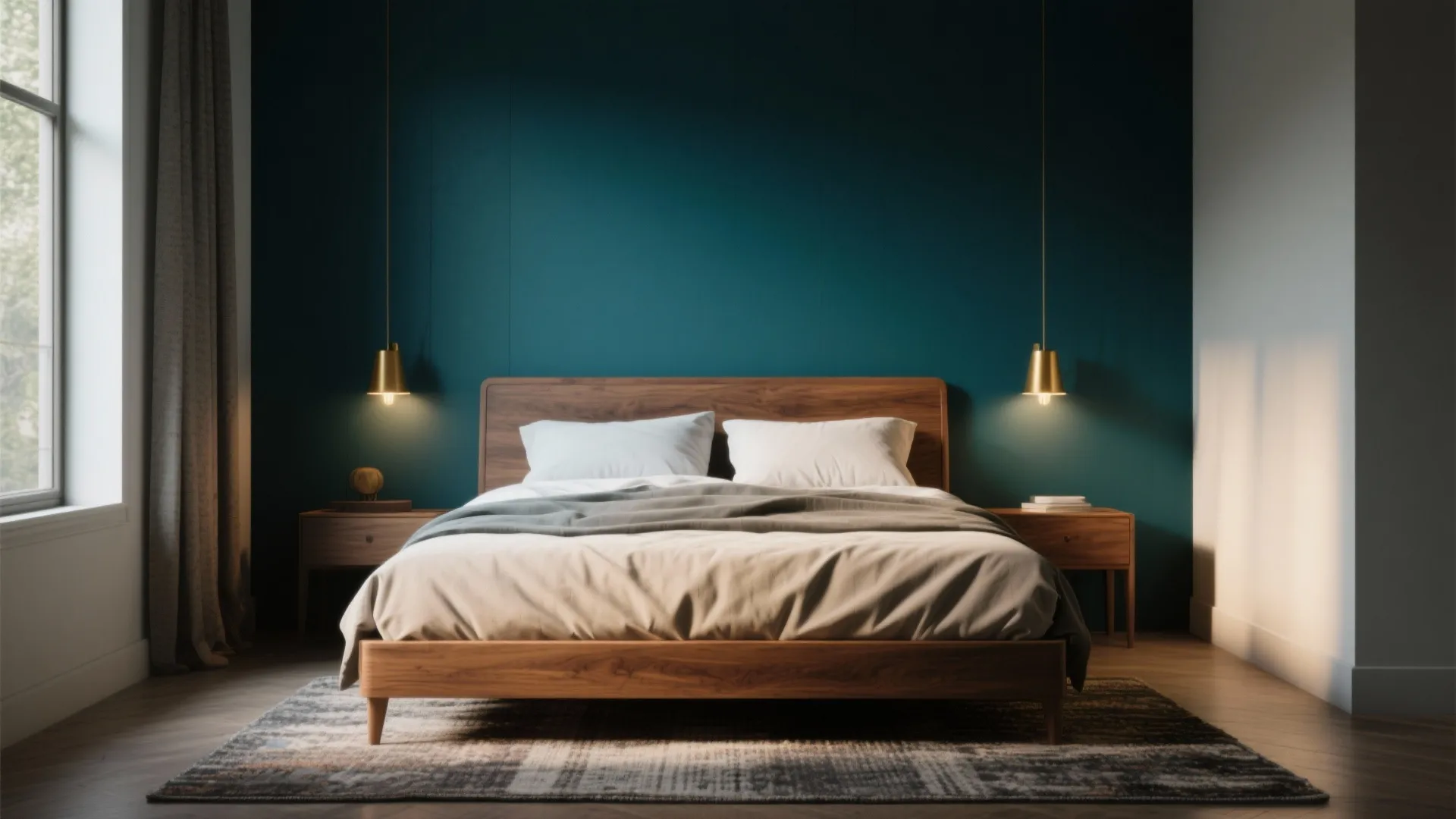 Bedroom with a deep teal accent wall behind the bed, brass lighting and warm wood accents for dramatic depth.