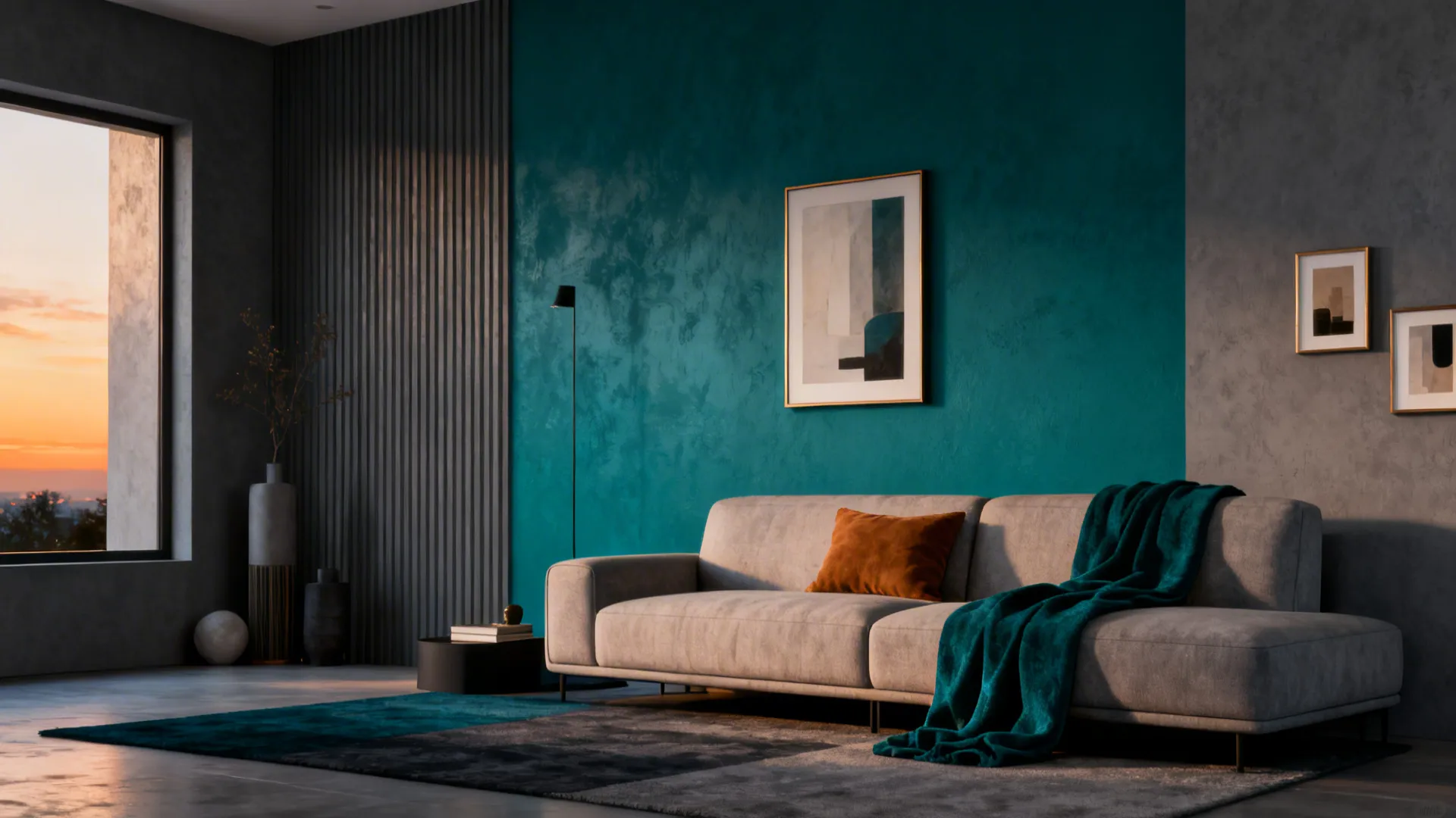 Deep teal accent wall next to grey paint with artwork and textiles standing out.